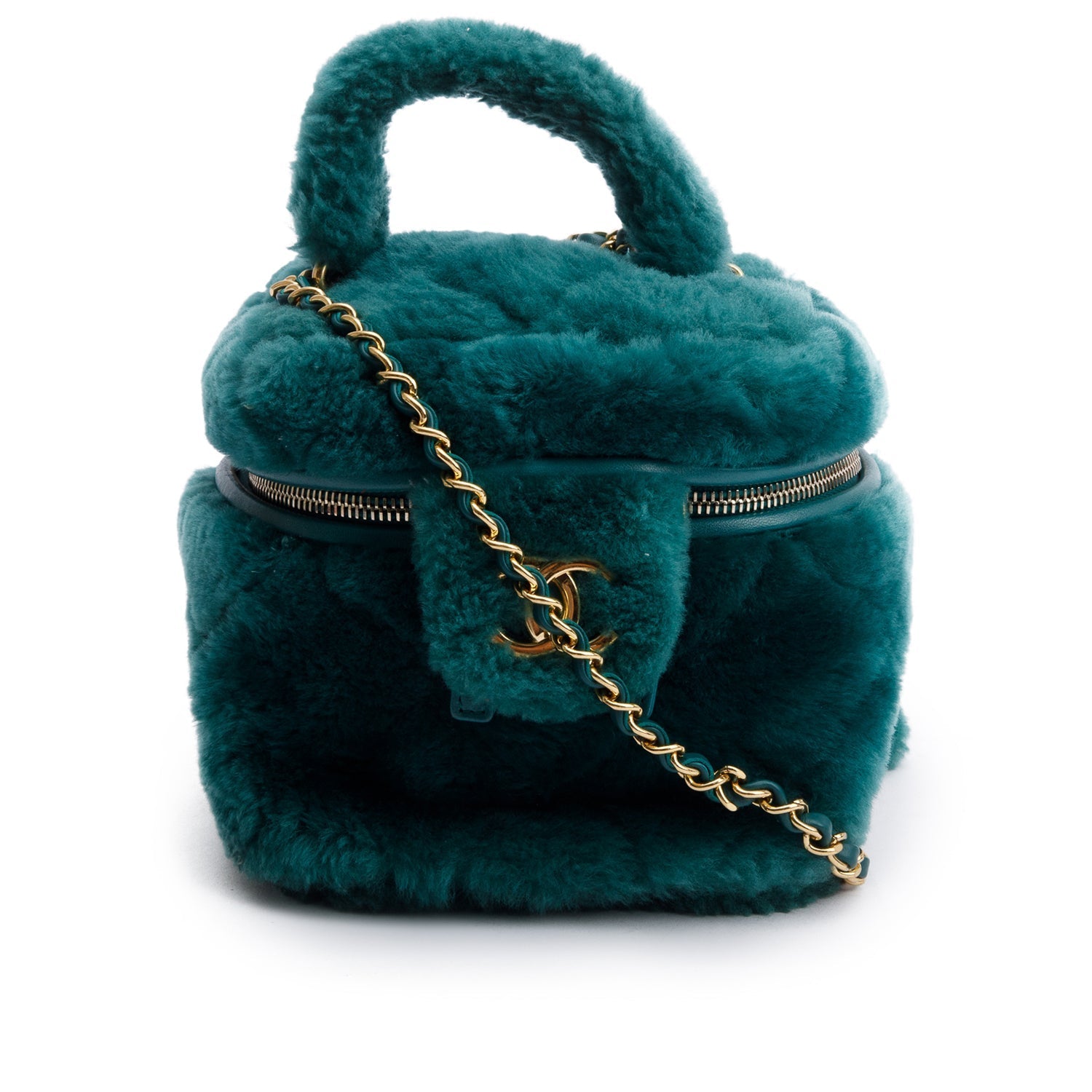 Chanel Shearling Top Handle Vanity Green Travel Bag
