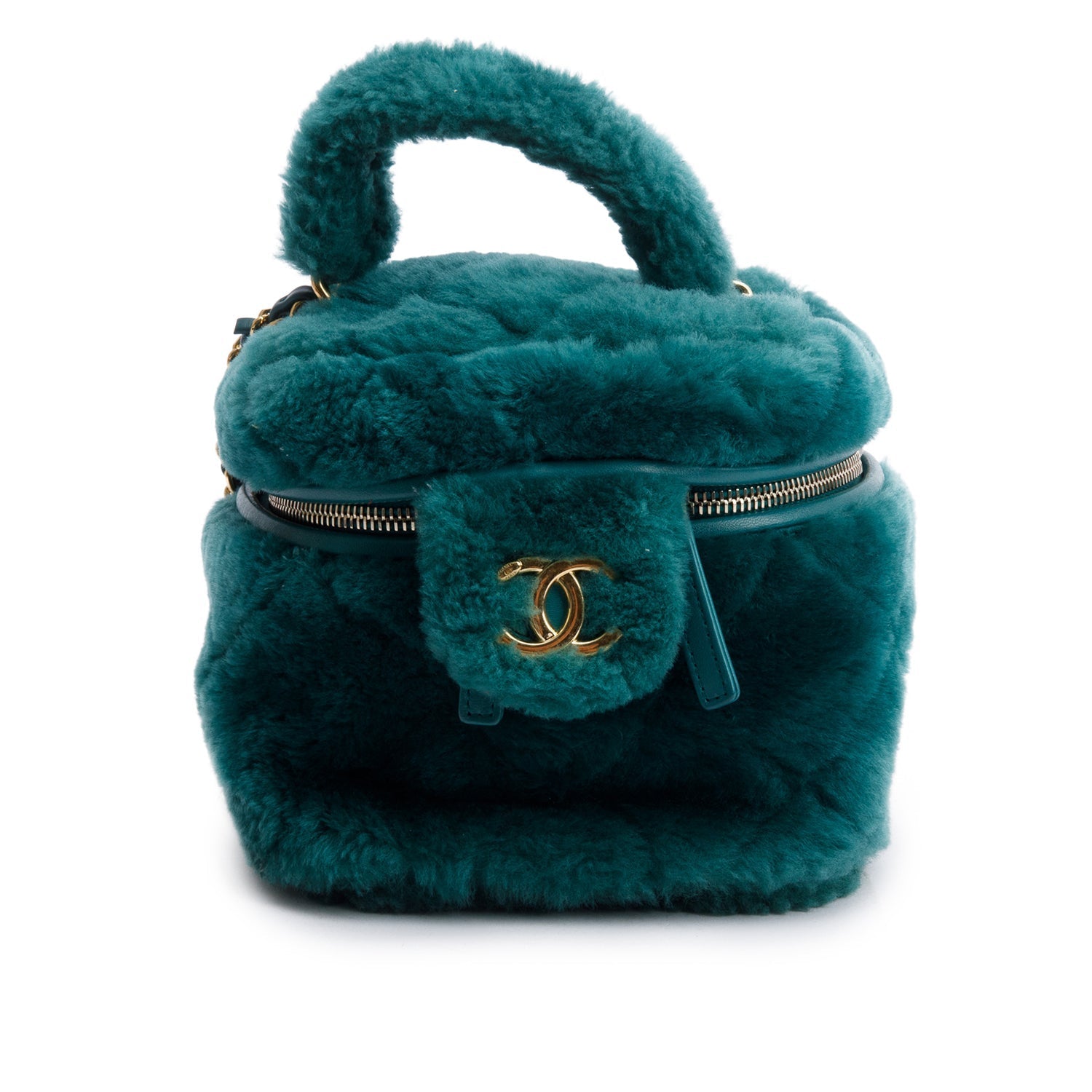 Chanel Shearling Top Handle Vanity Green Travel Bag