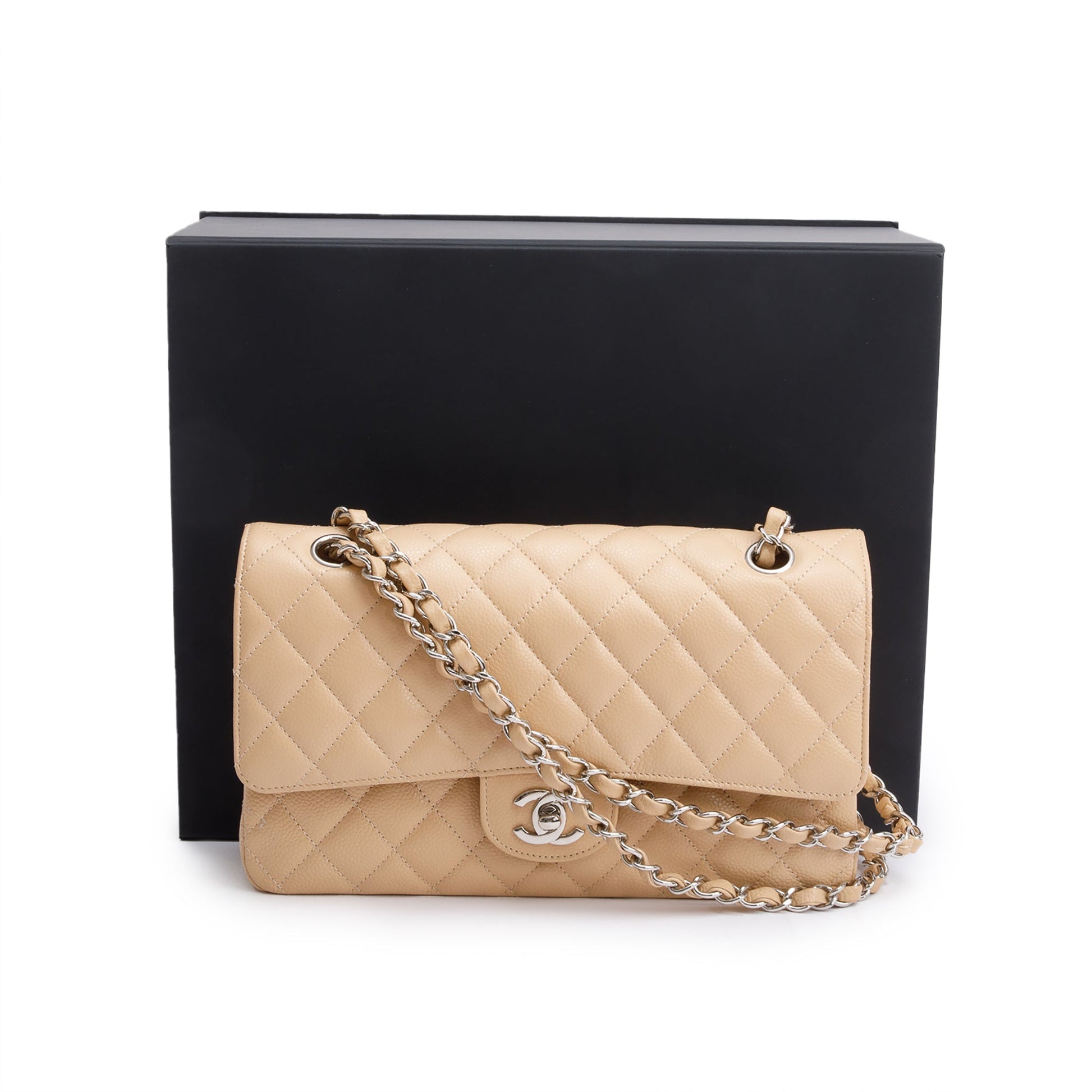 Chanel Quilted Caviar Classic Double Flap Leather Beige Travel Bag 5