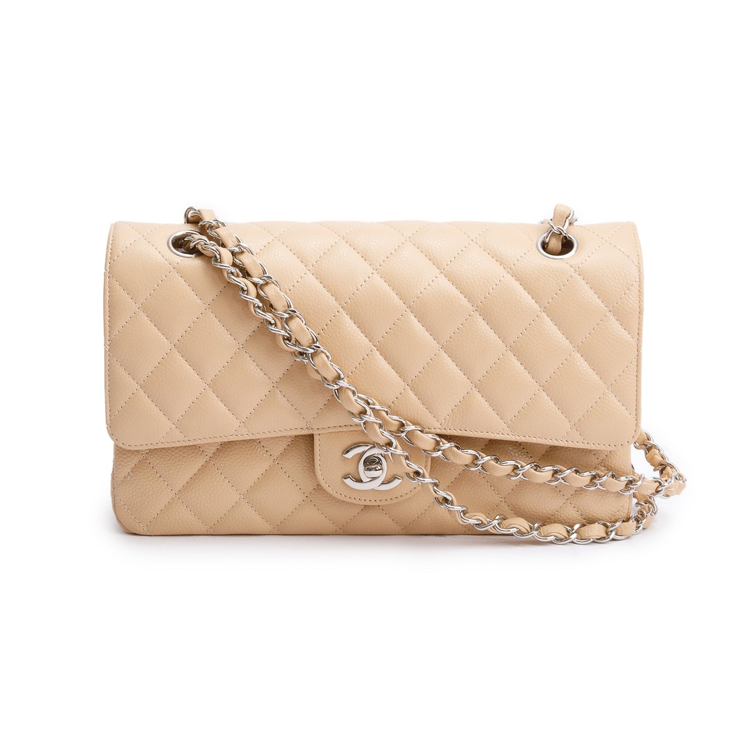 Chanel Quilted Caviar Classic Double Flap Leather Beige Travel Bag 5