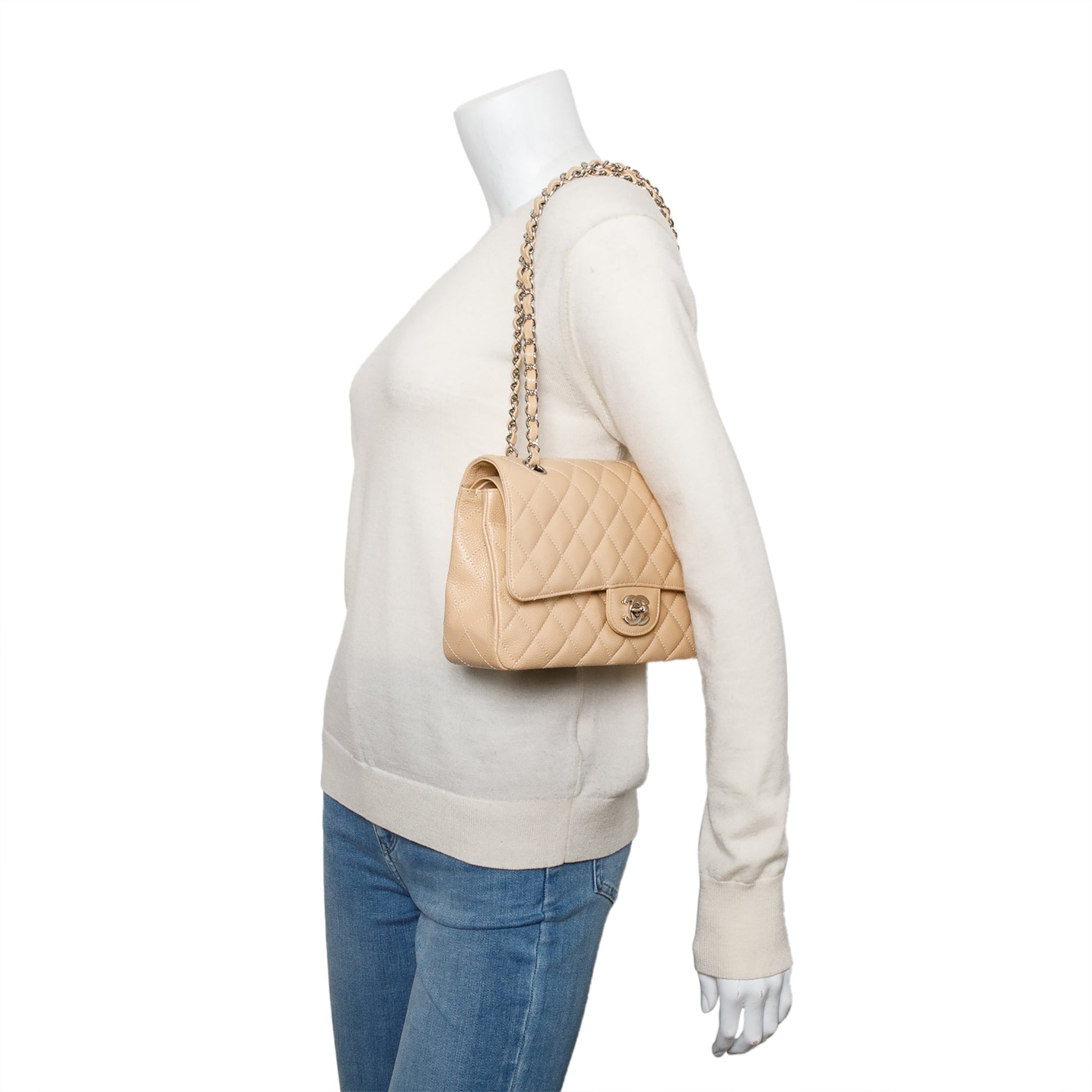 Chanel Quilted Caviar Classic Double Flap Leather Beige Travel Bag 5