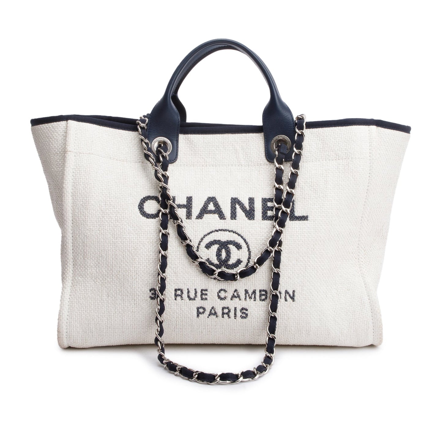 Chanel Navy Trim Deauville Shopping Canvas Leather Calfskin White Travel Bag
