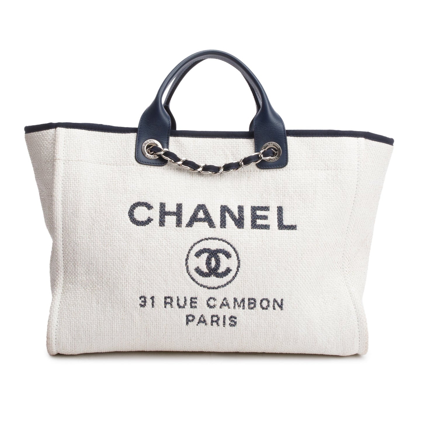 Chanel Navy Trim Deauville Shopping Canvas Leather Calfskin White Travel Bag