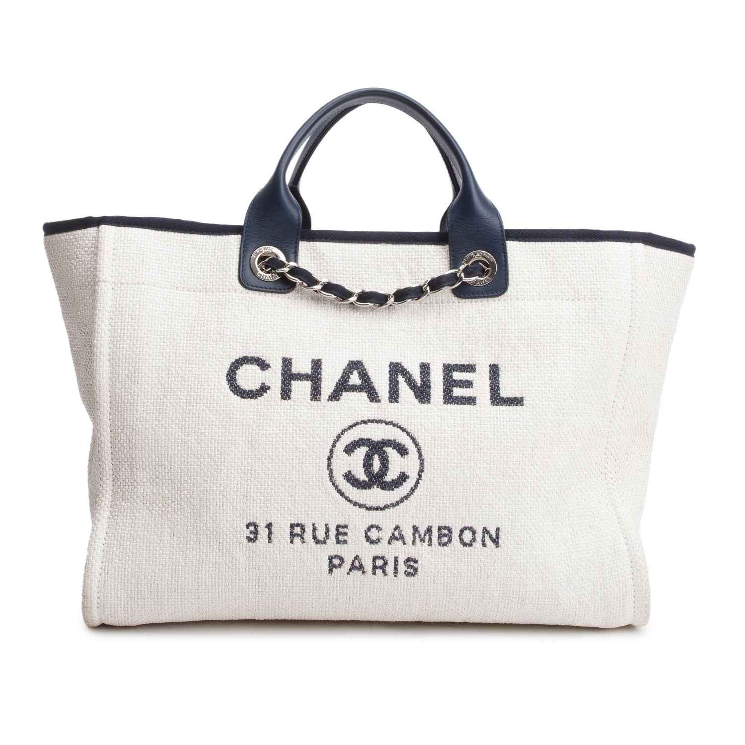 Chanel Navy Trim Deauville Shopping Canvas Leather Calfskin White Travel Bag