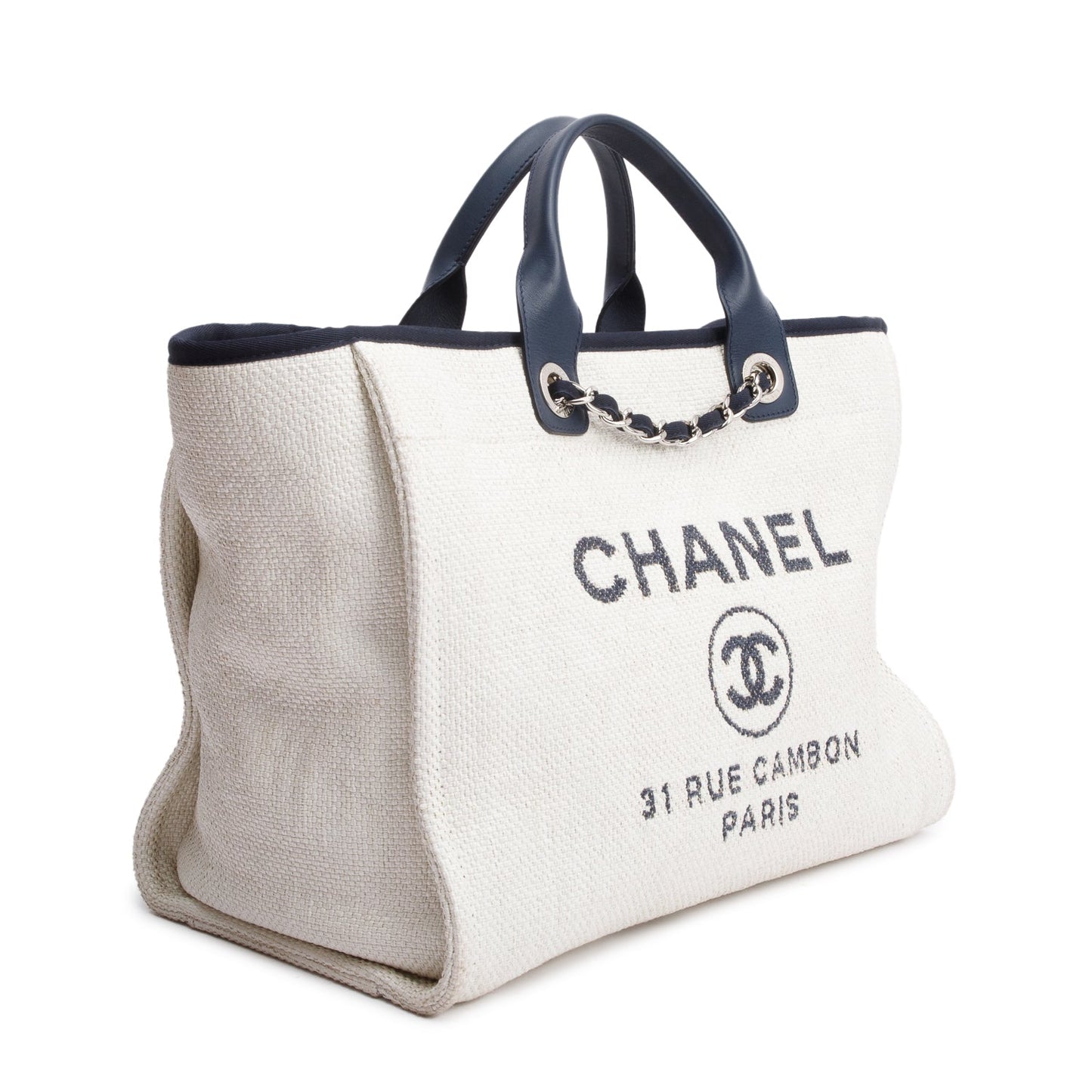 Chanel Navy Trim Deauville Shopping Canvas Leather Calfskin White Travel Bag
