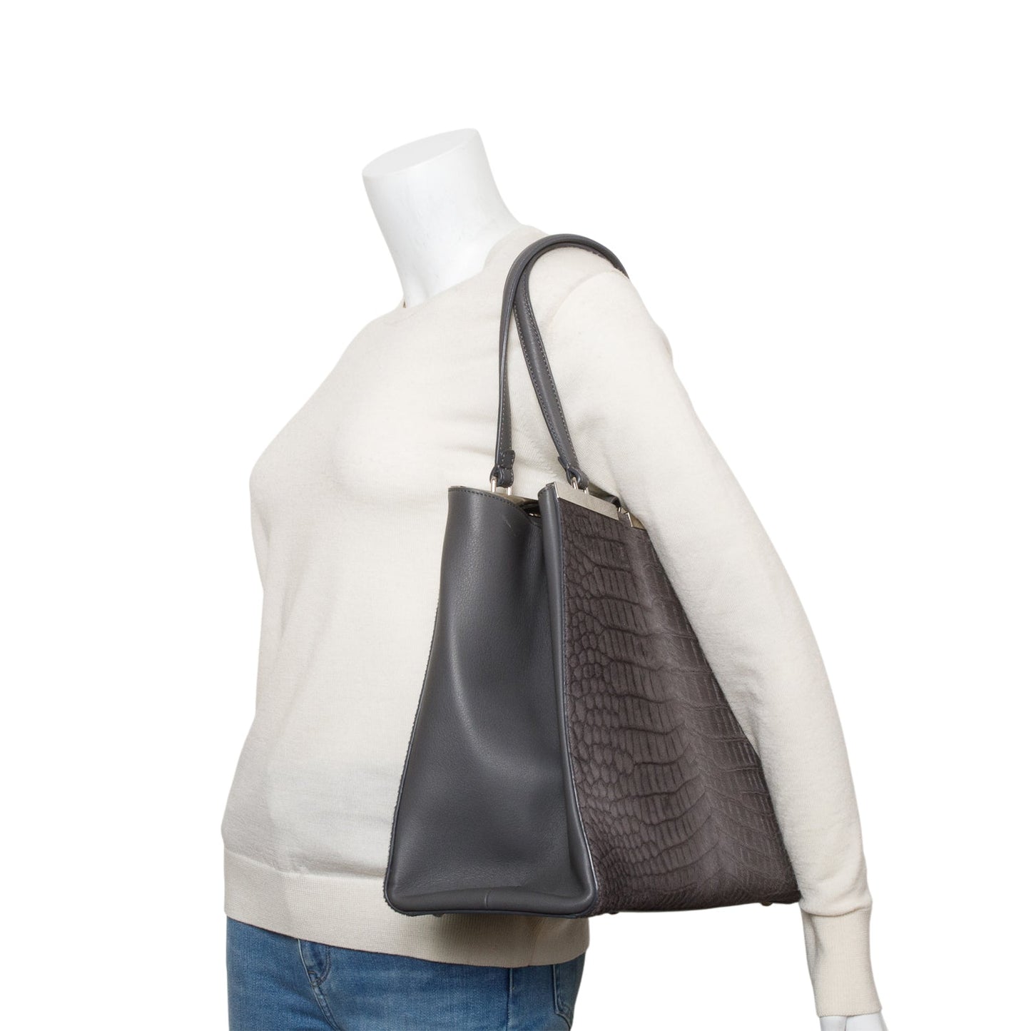 Fendi Grey Croc Embossed Pony Hair 3Jours Tote Large Tote Bag