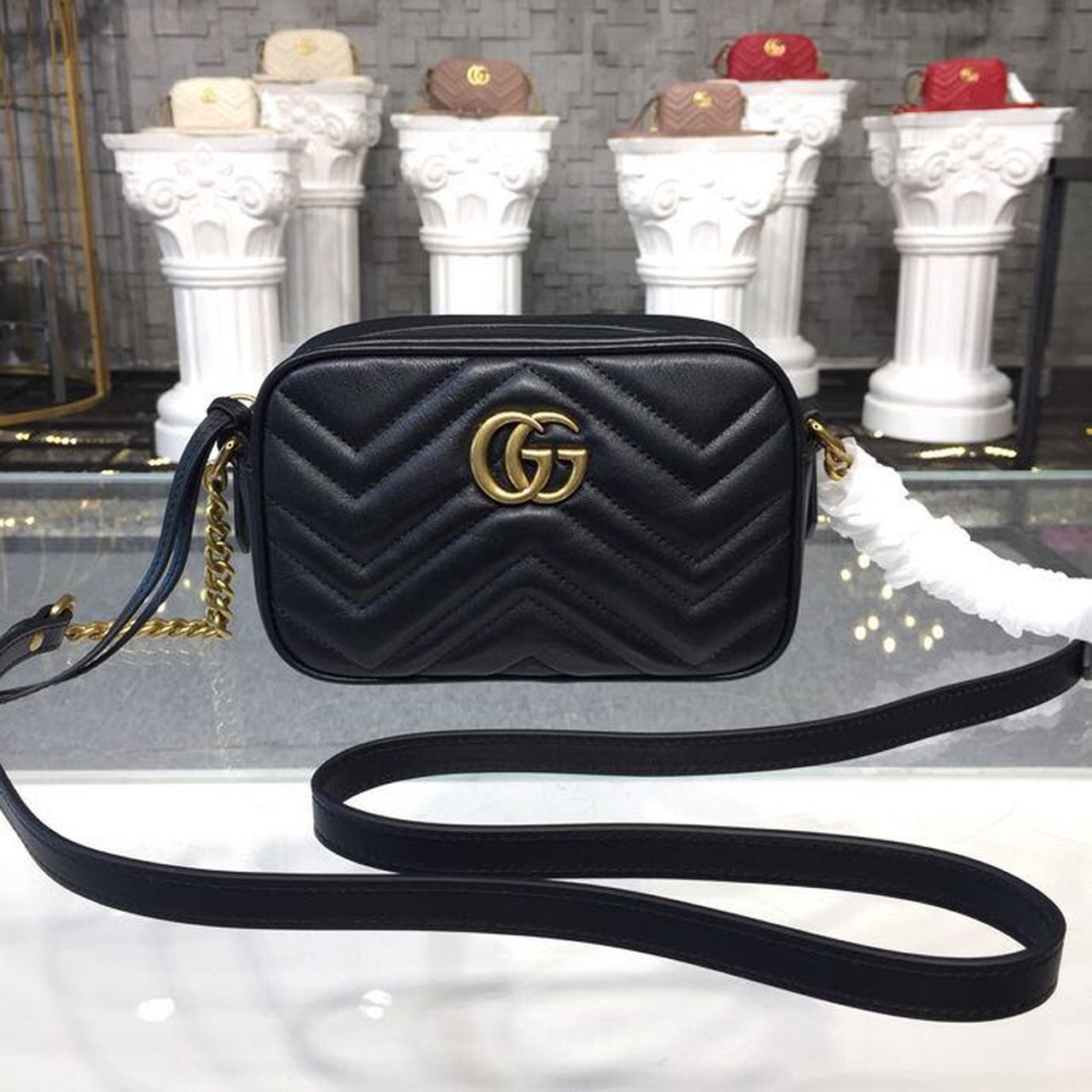 gg Marmont MatelassÃ© Chevron Black Mini Bag