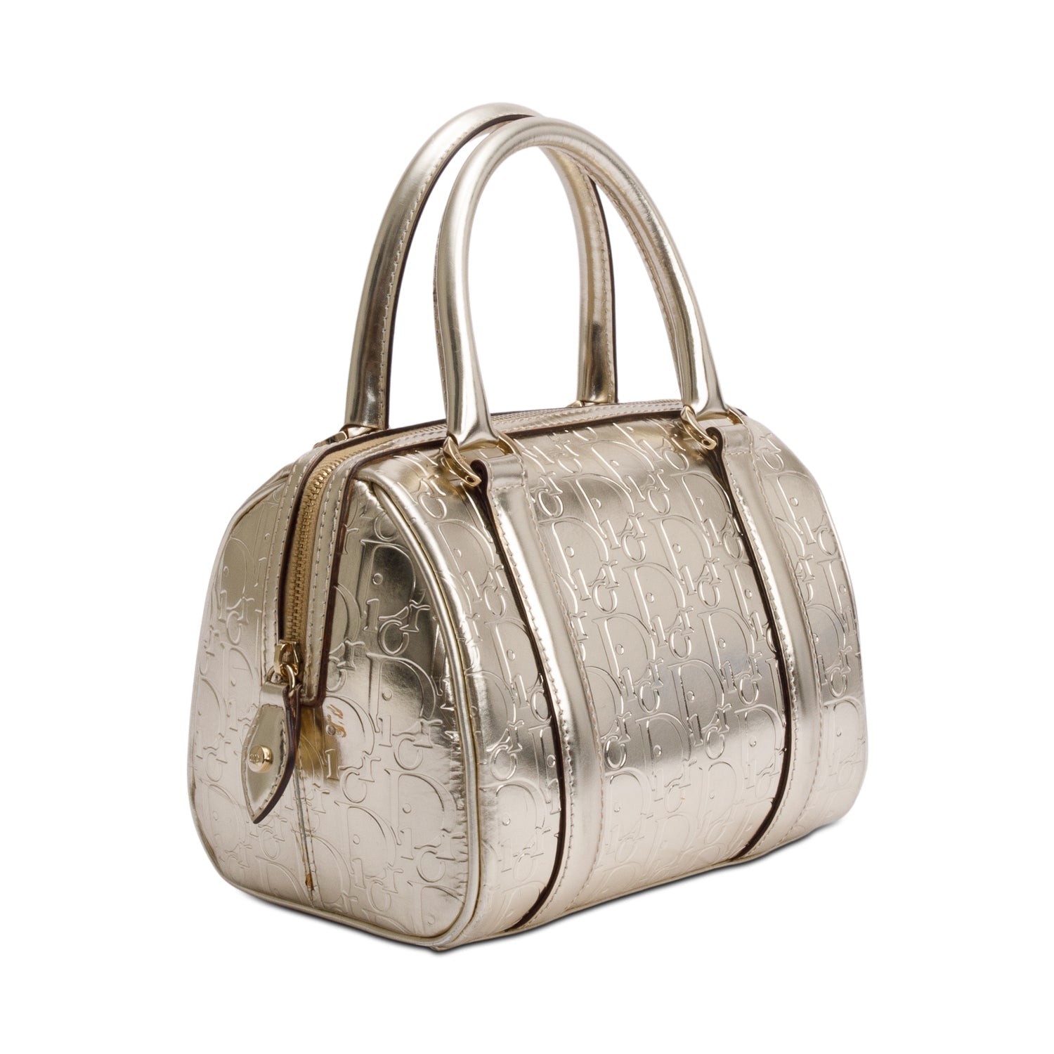 Dior Christian Metallic Oblique Embossed Trotter Boston Bag Leather Gold Travel Bag