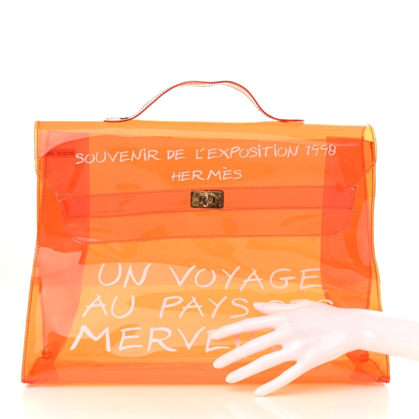 Hermes Vinyl Souvenir De Exposition Kelly Handbag Orange Travel Bag