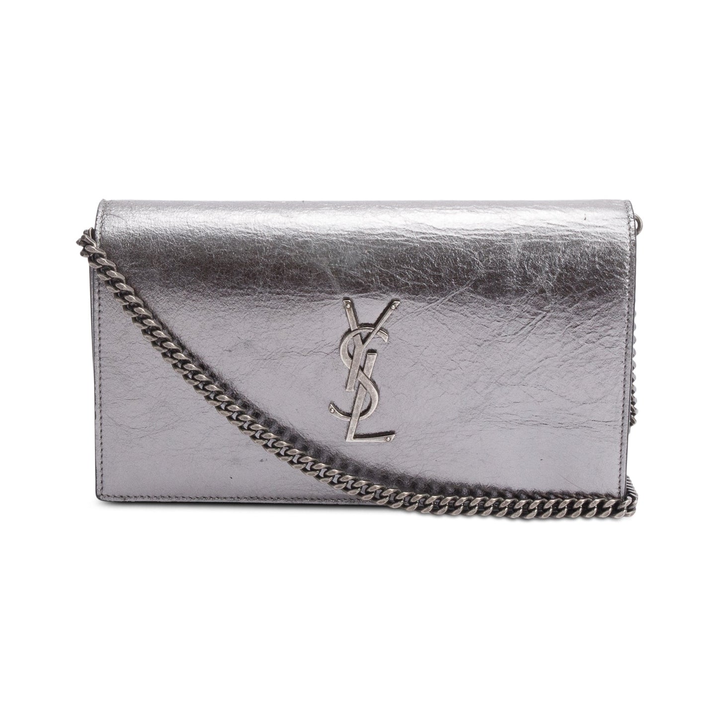 YSL Saint Laurent Grey Aged Calfskin Cassandre Wallet On Crossbody Leather Chain Crossbody Bag
