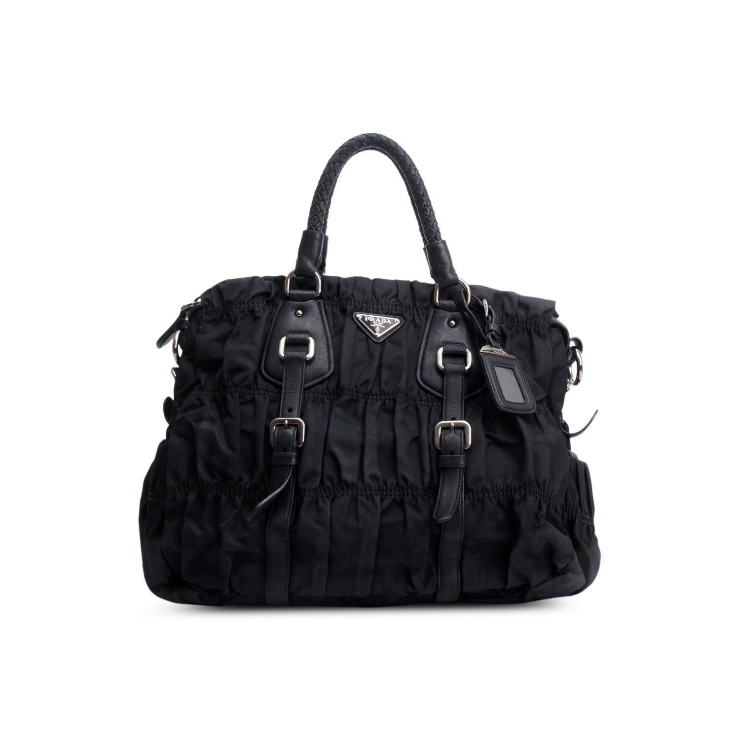 Prada Letaher Trimmed Tessuto Gaufre Tote Handbag Nylon Black Tote Bag
