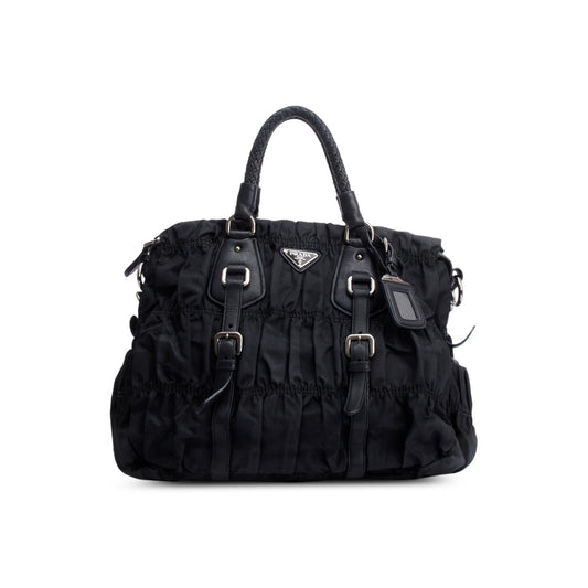 Prada Letaher Trimmed Tessuto Gaufre Tote Handbag Nylon Black Tote Bag