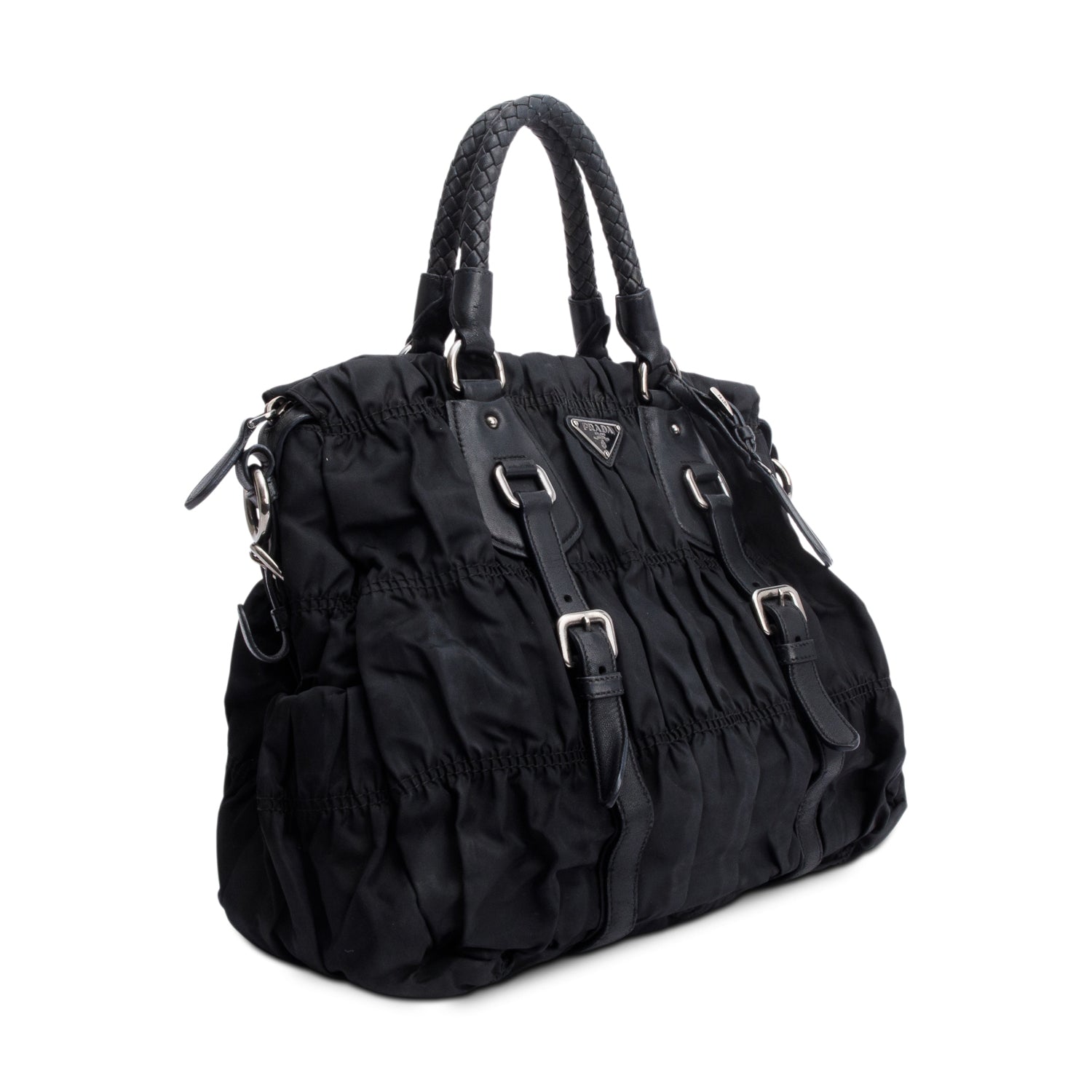 Prada Letaher Trimmed Tessuto Gaufre Tote Handbag Nylon Black Tote Bag