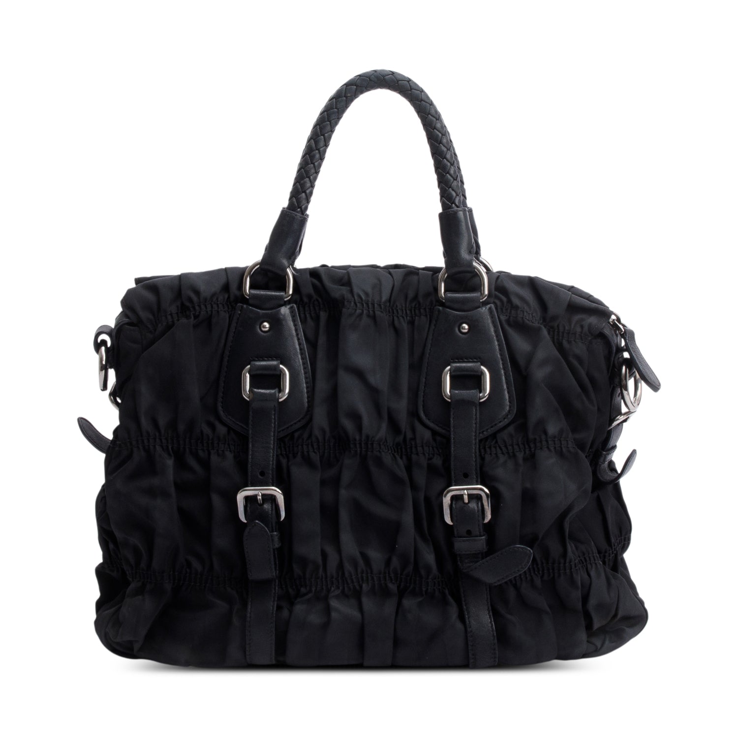 Prada Letaher Trimmed Tessuto Gaufre Tote Handbag Nylon Black Tote Bag