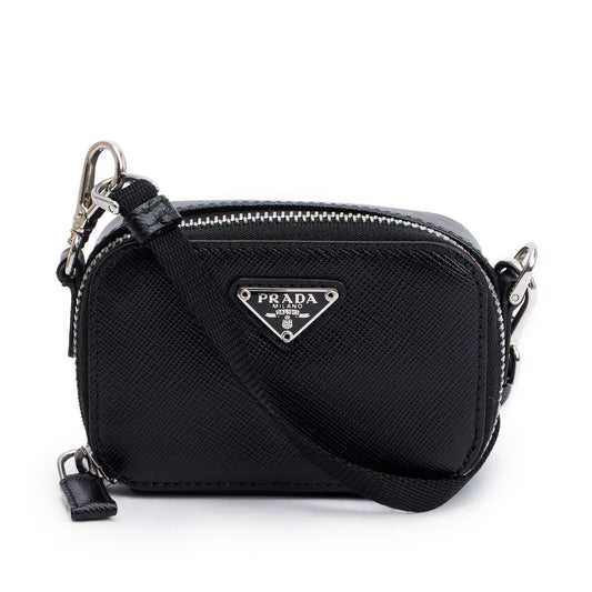 Prada Saffiano Pouch Handbag Leather Black Travel Bag