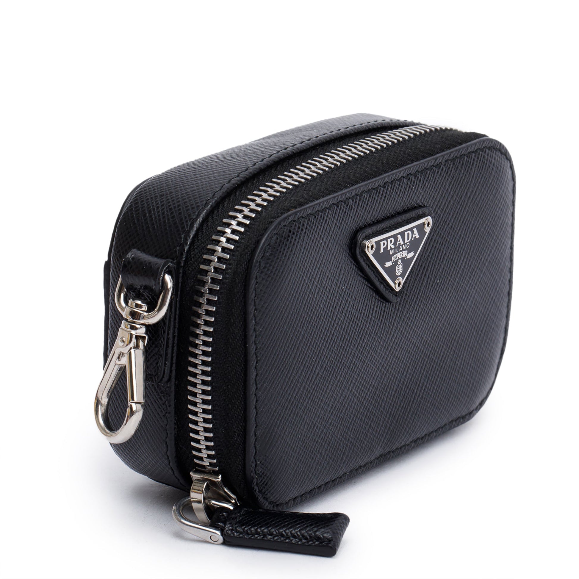 Prada Saffiano Pouch Handbag Leather Black Travel Bag