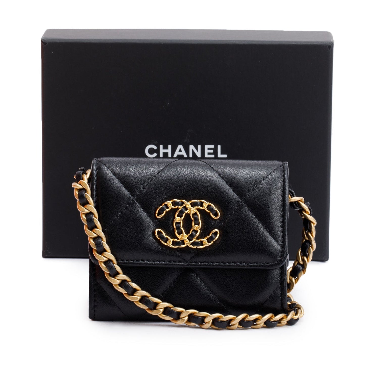Chanel 19 Flap Coin Purse Leather Lambskin Black Wallet Case