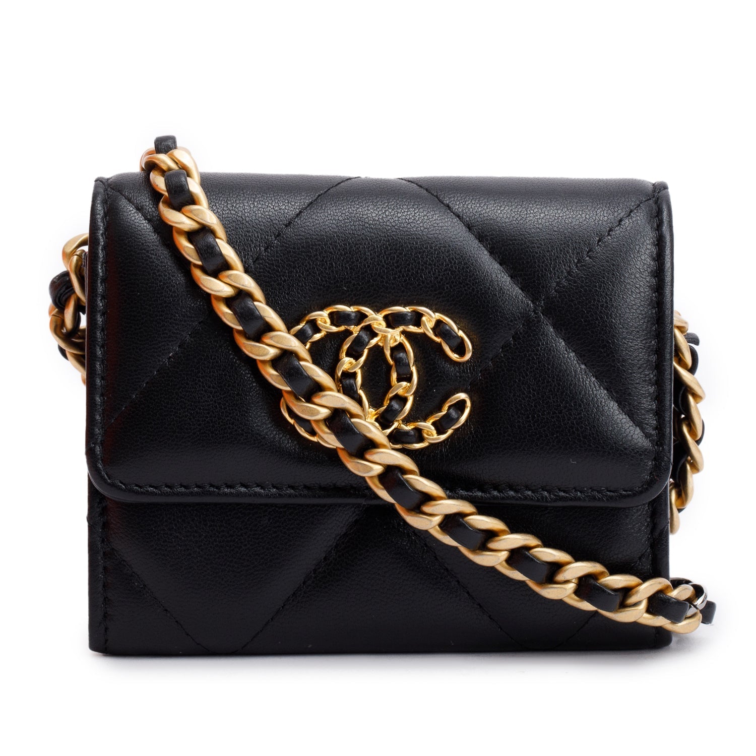 Chanel 19 Flap Coin Purse Leather Lambskin Black Wallet Case