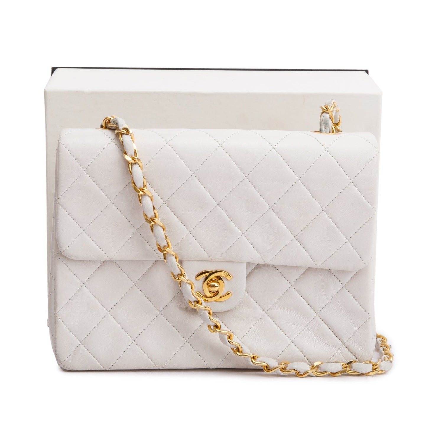 Chanel Quilted Square Single Flap Leather Lambskin White Travel Bag