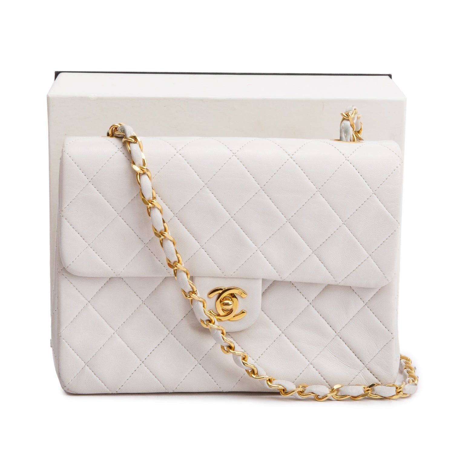 Chanel Quilted Square Single Flap Leather Lambskin White Travel Bag