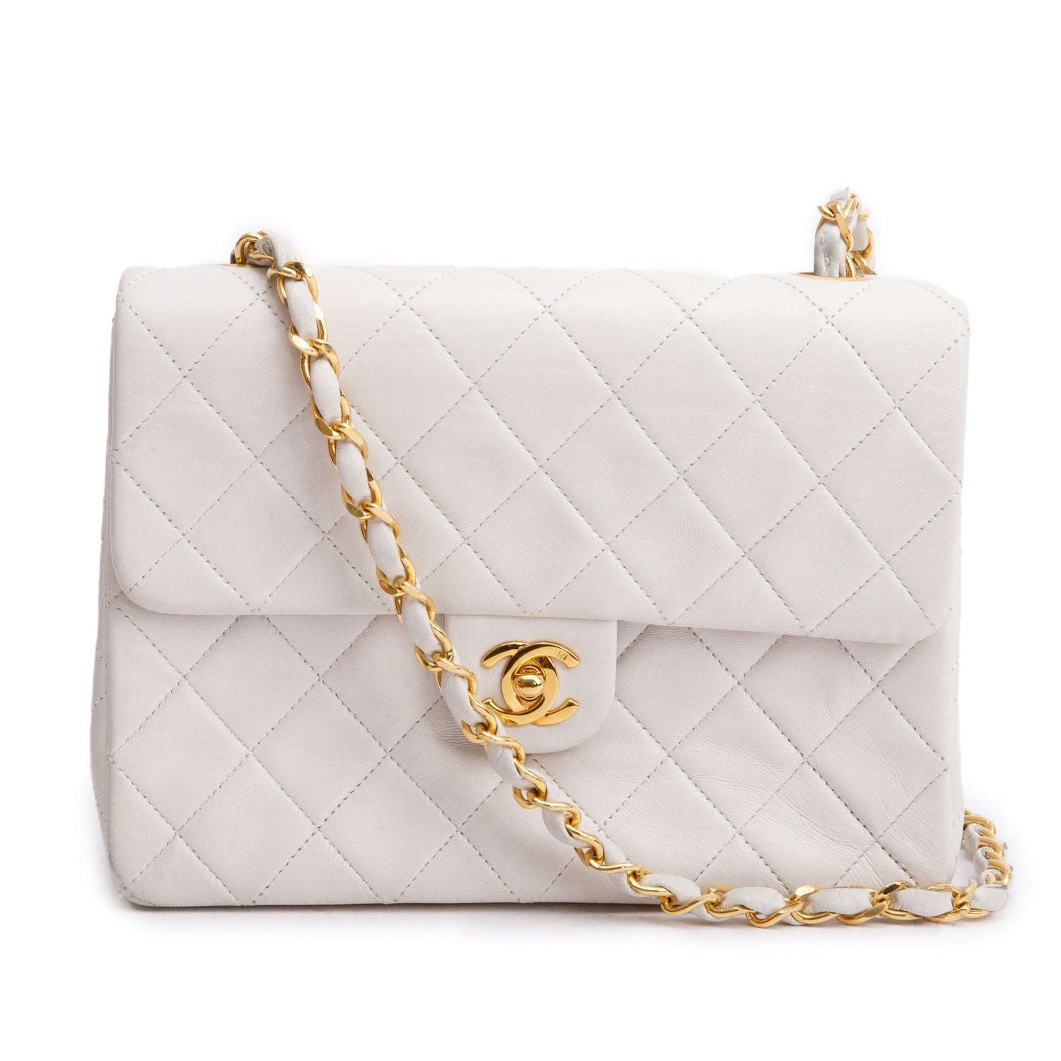 Chanel Quilted Square Single Flap Leather Lambskin White Travel Bag