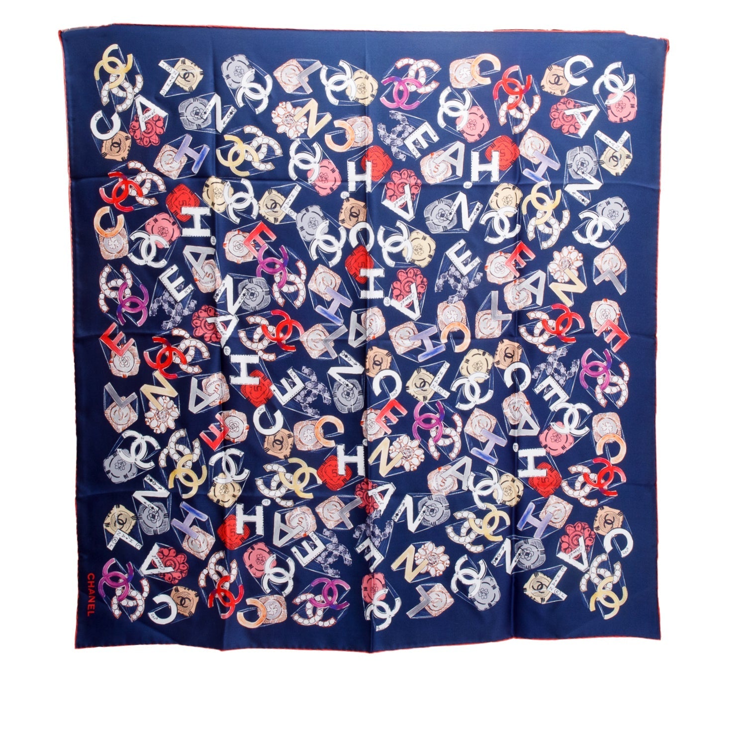 Chanel Navy Printed Square Silk Scarf Multicolor