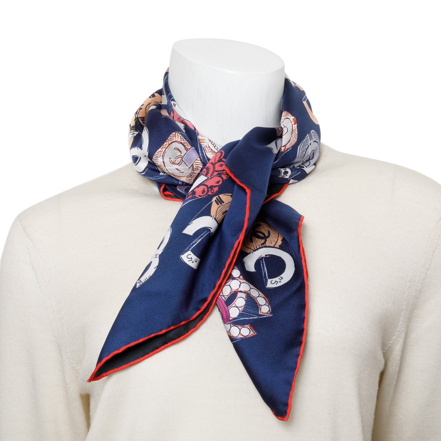 Chanel Navy Printed Square Silk Scarf Multicolor