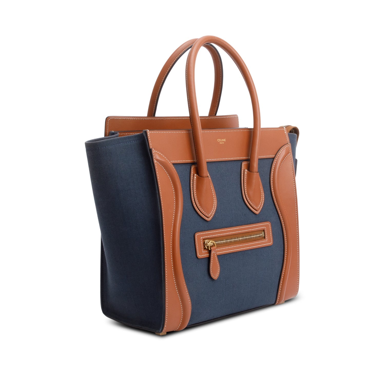Celine & Navy Bi Color Calfskin Micro Luggage Leather Canvas Tote Bag