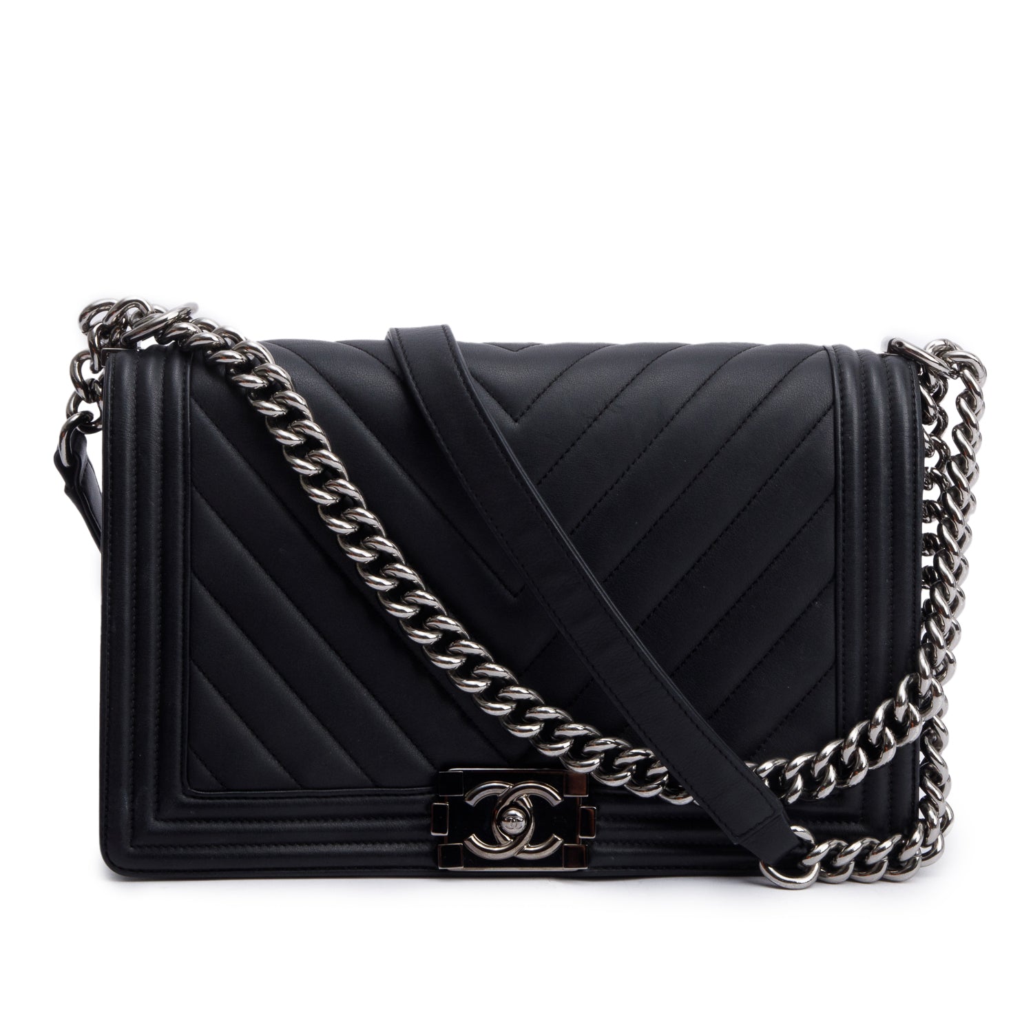 Chanel Chevron Quilted Boy Leather Lambskin Black Travel Bag Boy Bag