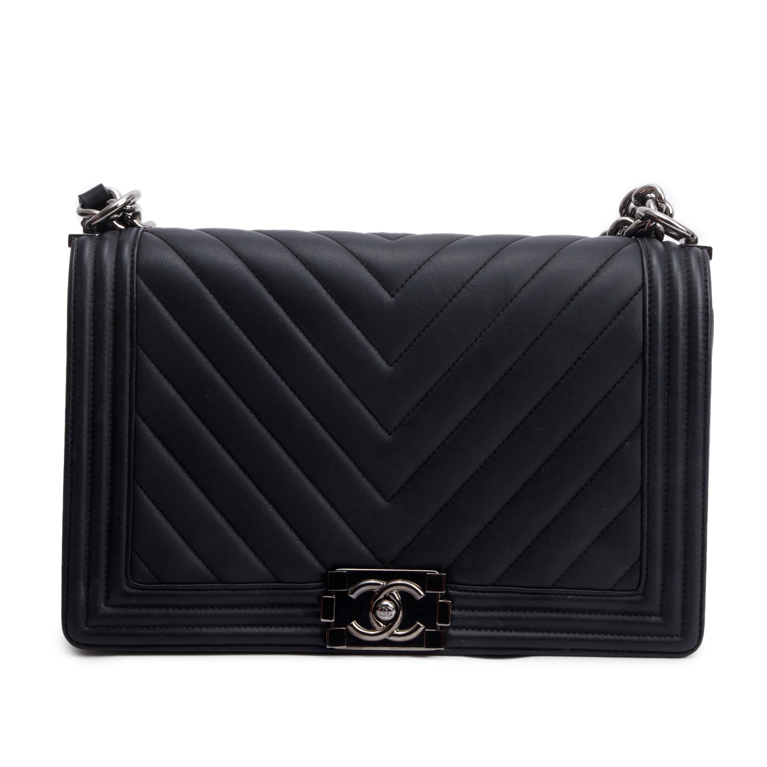 Chanel Chevron Quilted Boy Leather Lambskin Black Travel Bag Boy Bag