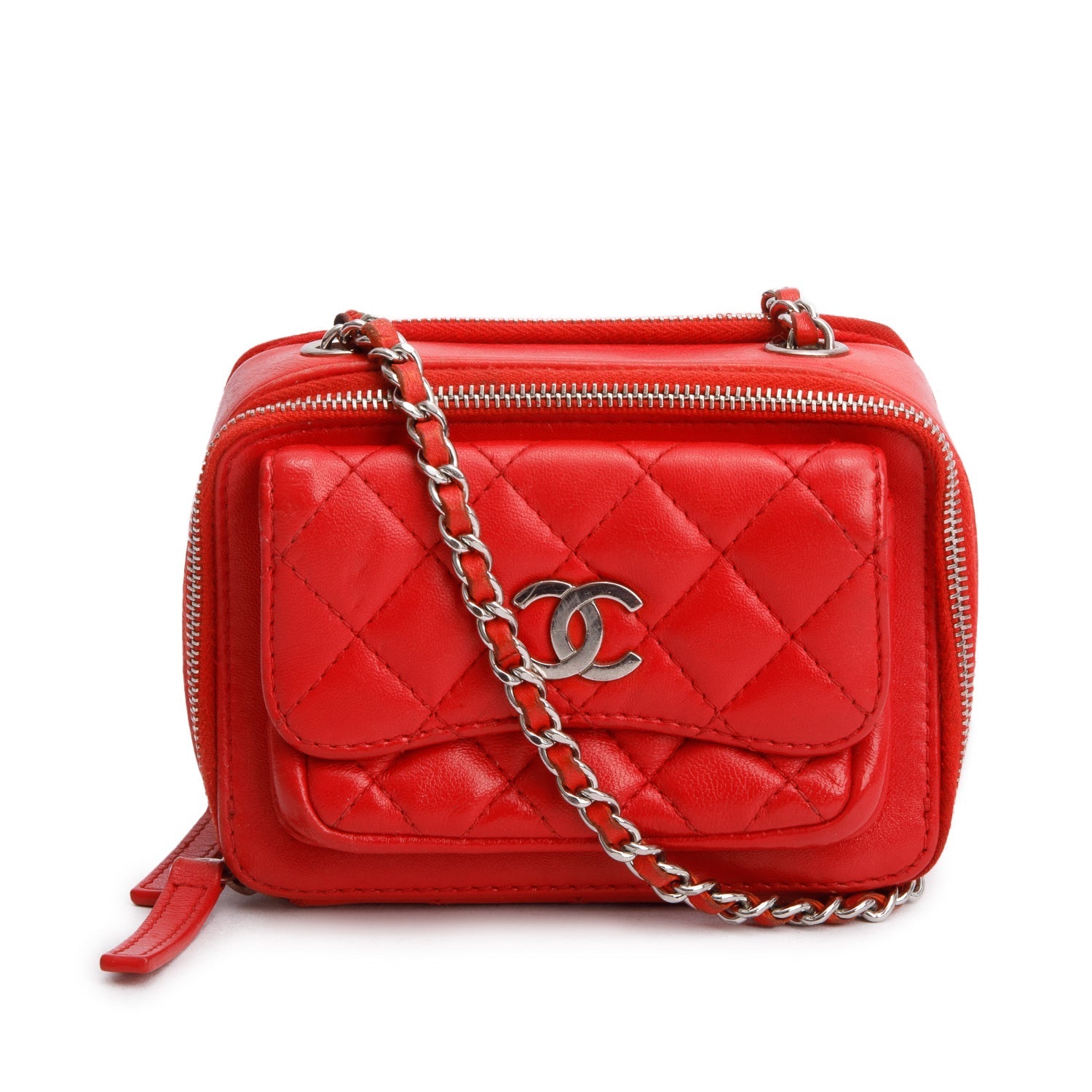 Chanel Quilted Pocket Box Camera Leather Lambskin Red Travel Bag