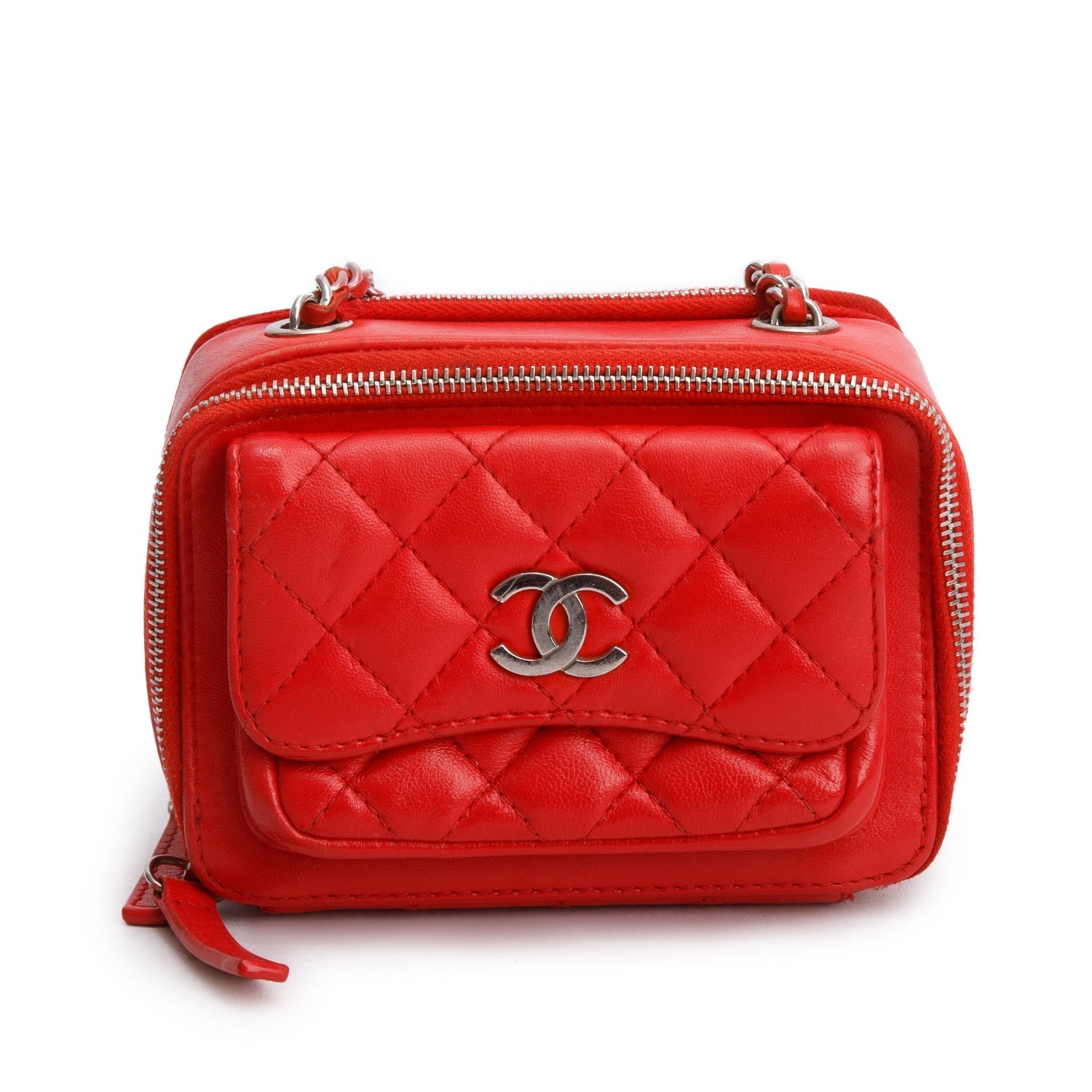 Chanel Quilted Pocket Box Camera Leather Lambskin Red Travel Bag