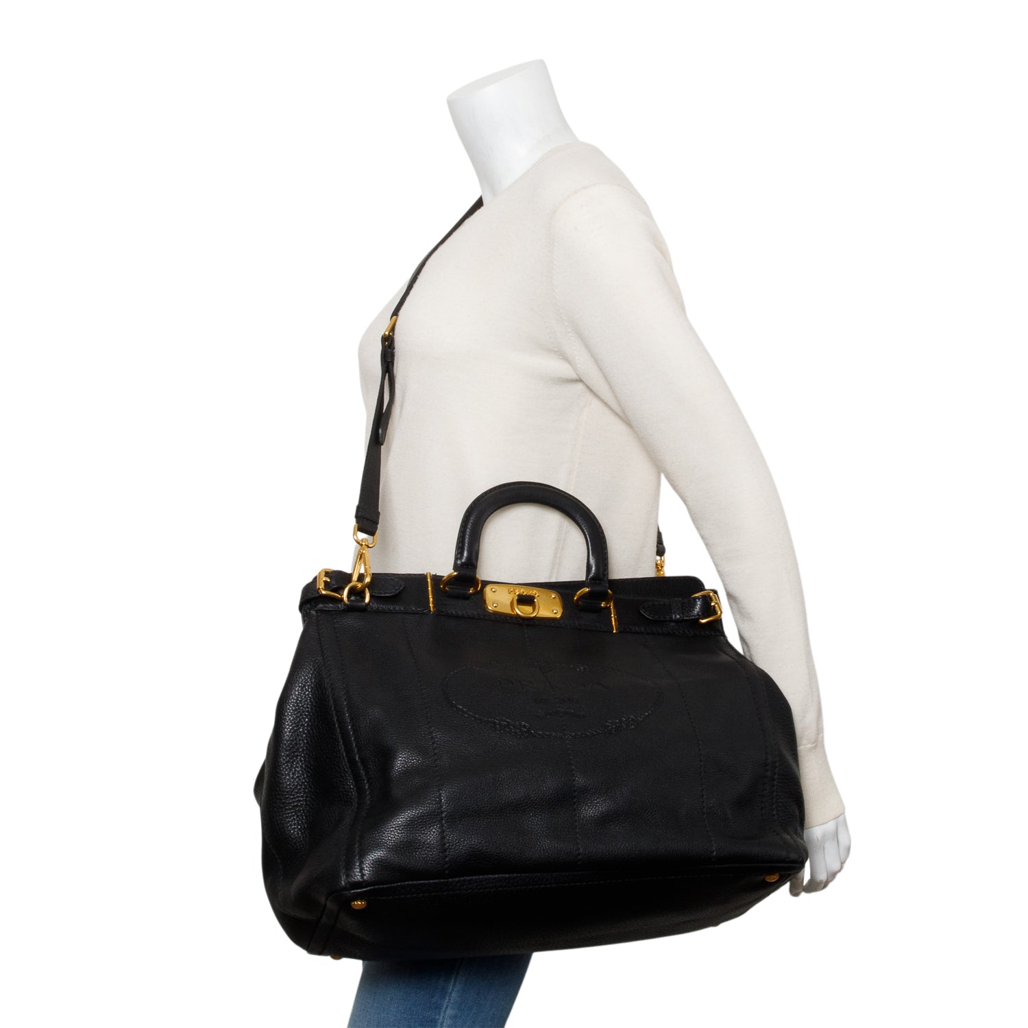 Prada Vitello Daino Borsa Carniera Frame Tote Handbag Leather Black Tote Bag