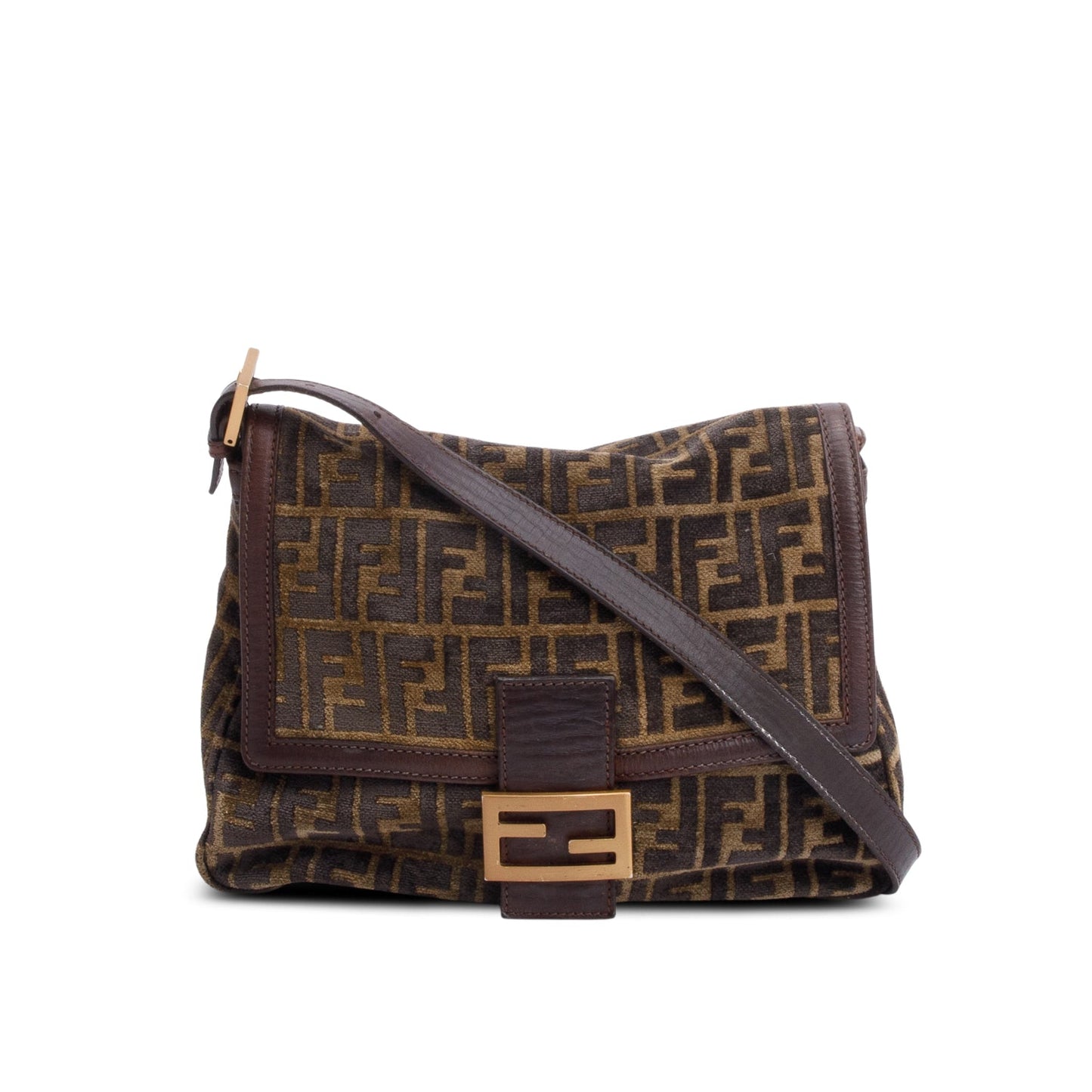Fendi Ff Zucca Wool Trim Baguette Shoulder Bag Leather Brown