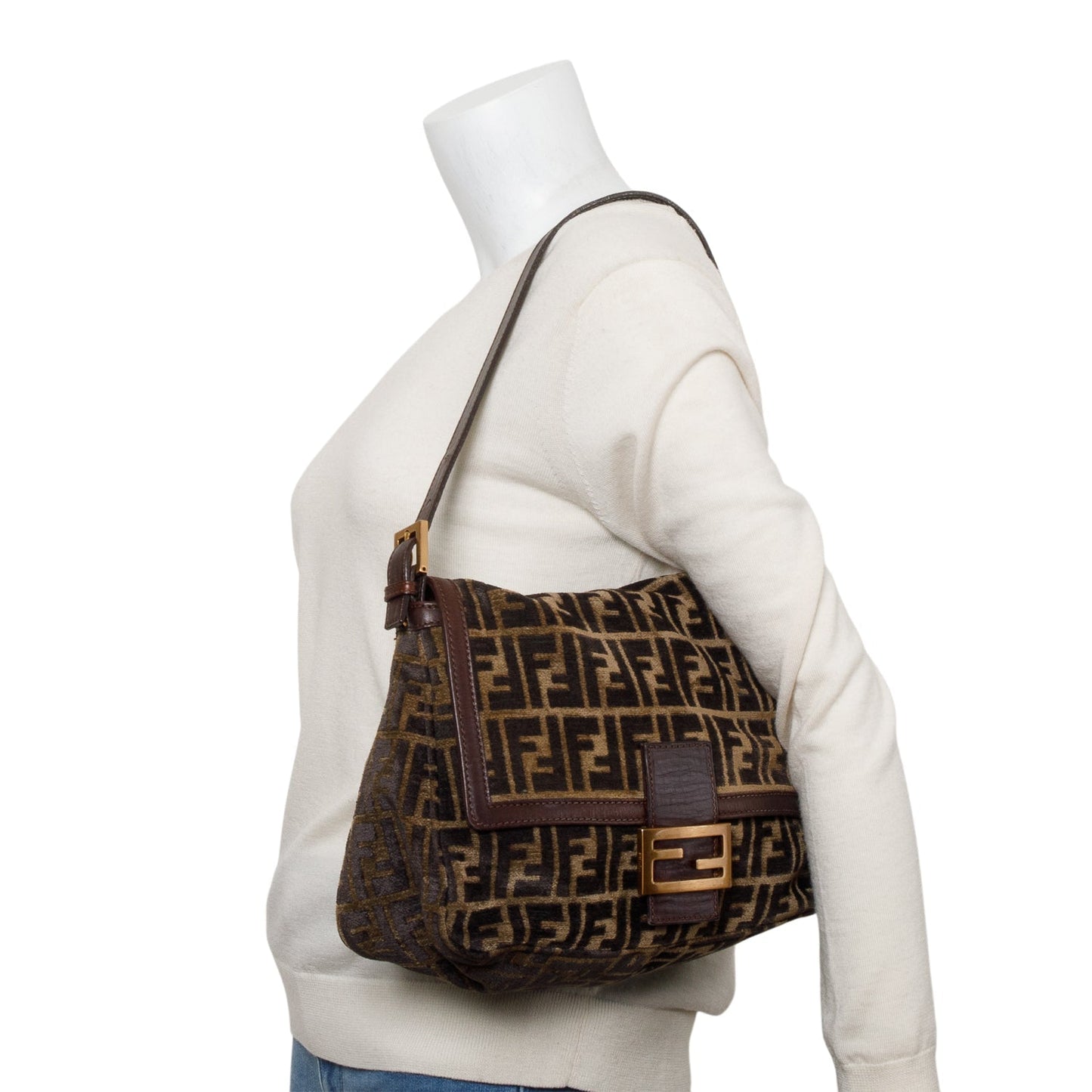Fendi Ff Zucca Wool Trim Baguette Shoulder Bag Leather Brown