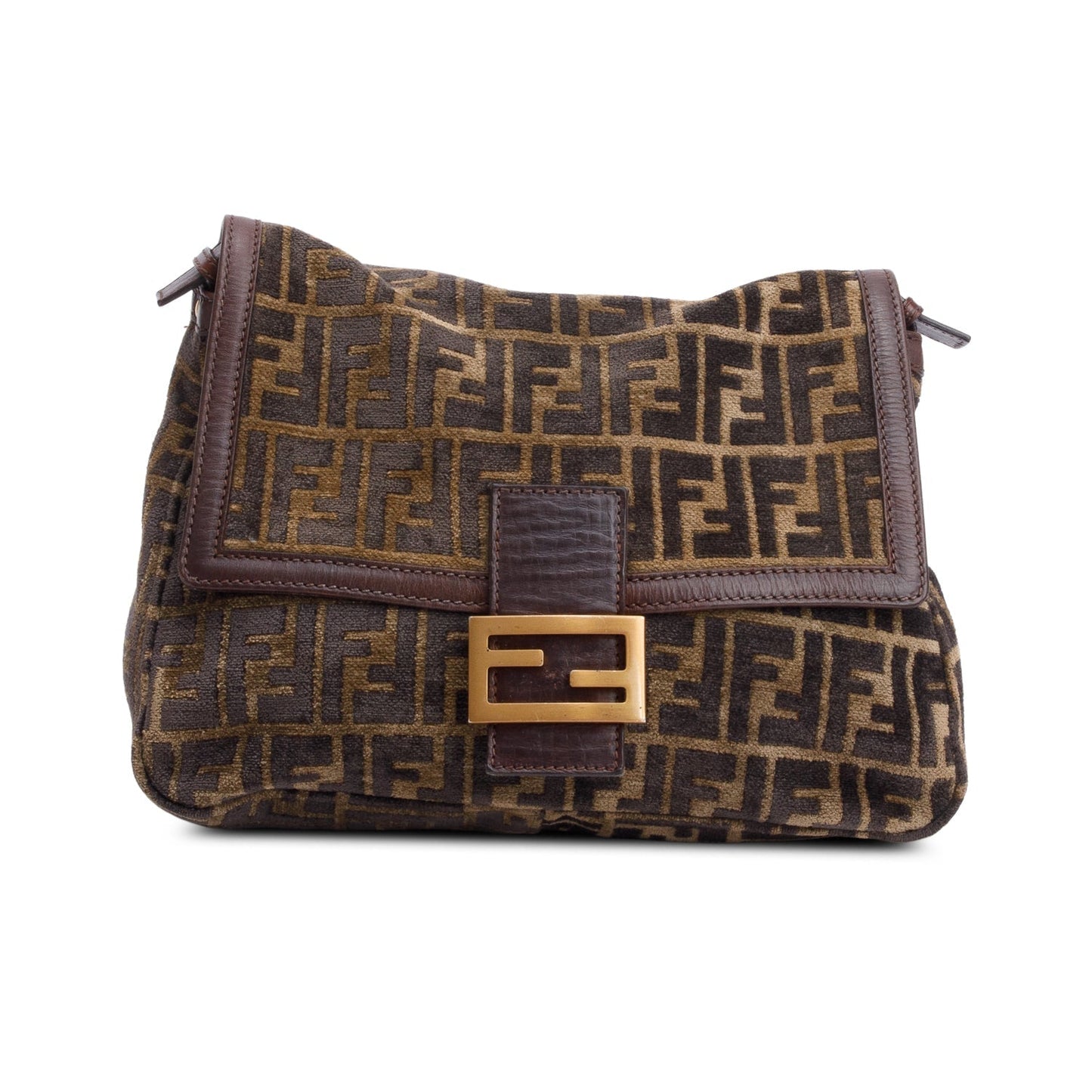 Fendi Ff Zucca Wool Trim Baguette Shoulder Bag Leather Brown