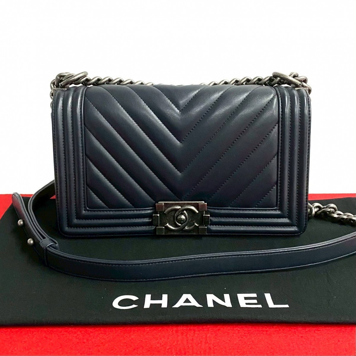Chanel Navy COCO Mark Restitch Boy Leather Shoulder Bag
