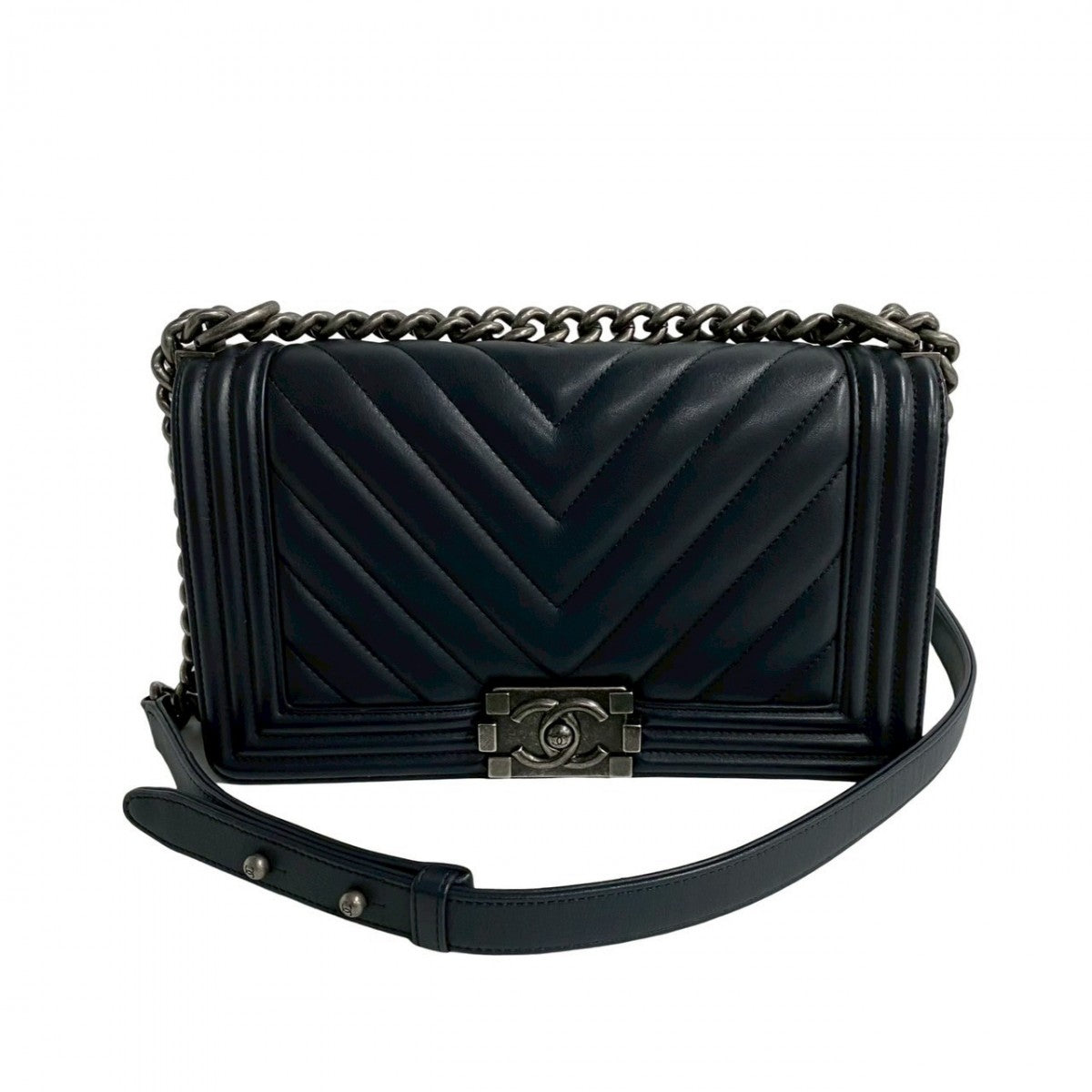Chanel Navy COCO Mark Restitch Boy Leather Shoulder Bag