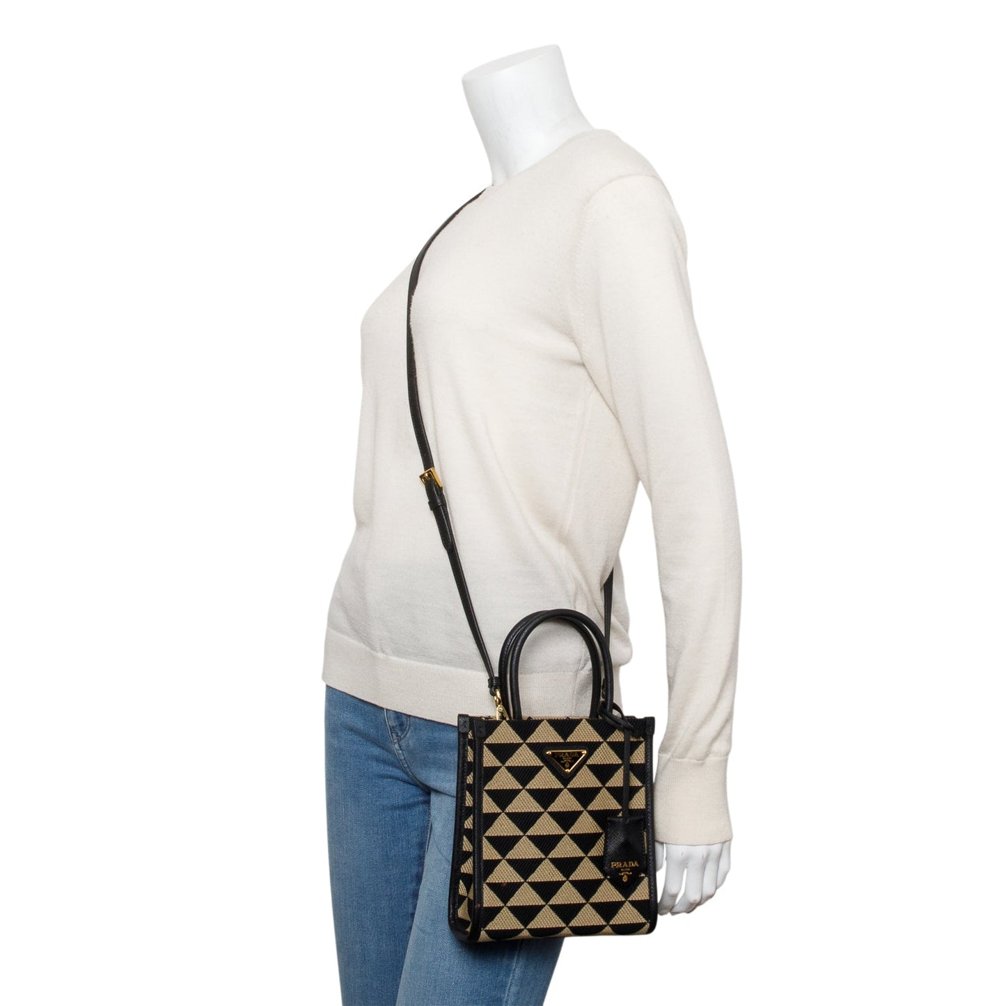 Prada Embroidered Fabric Mini Symbole Bag Black Beige Travel Bag
