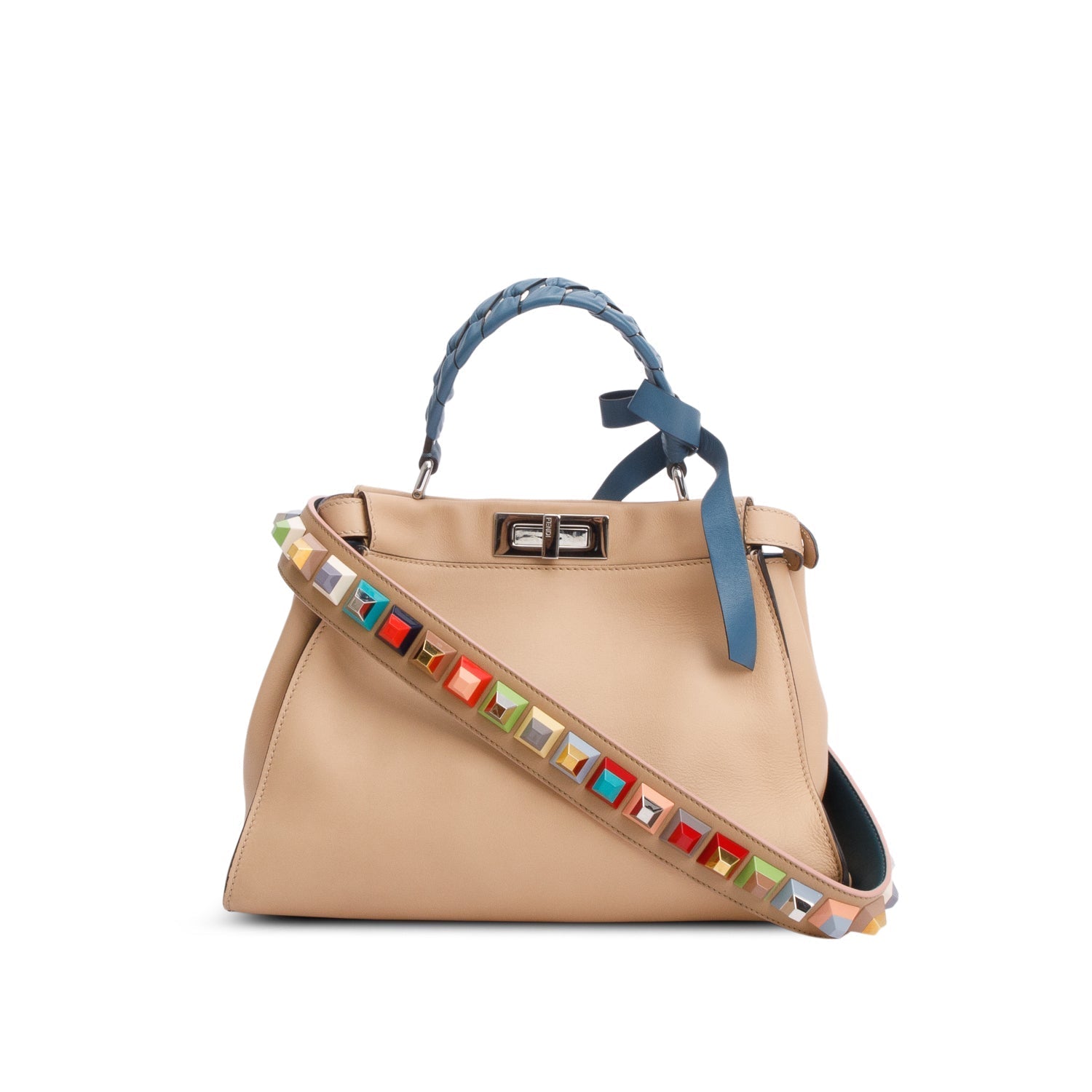 Fendi Calfskin Medium Peekaboo Ribbon Bag Leather Beige Travel Bag