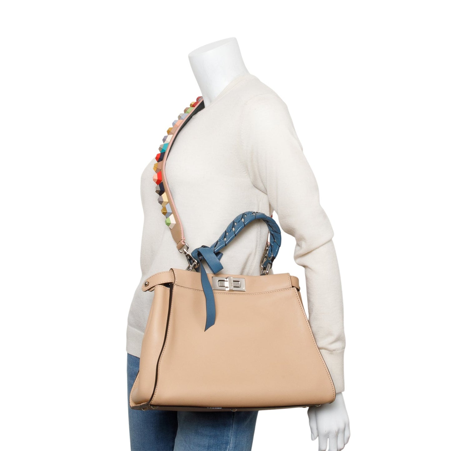 Fendi Calfskin Medium Peekaboo Ribbon Bag Leather Beige Travel Bag