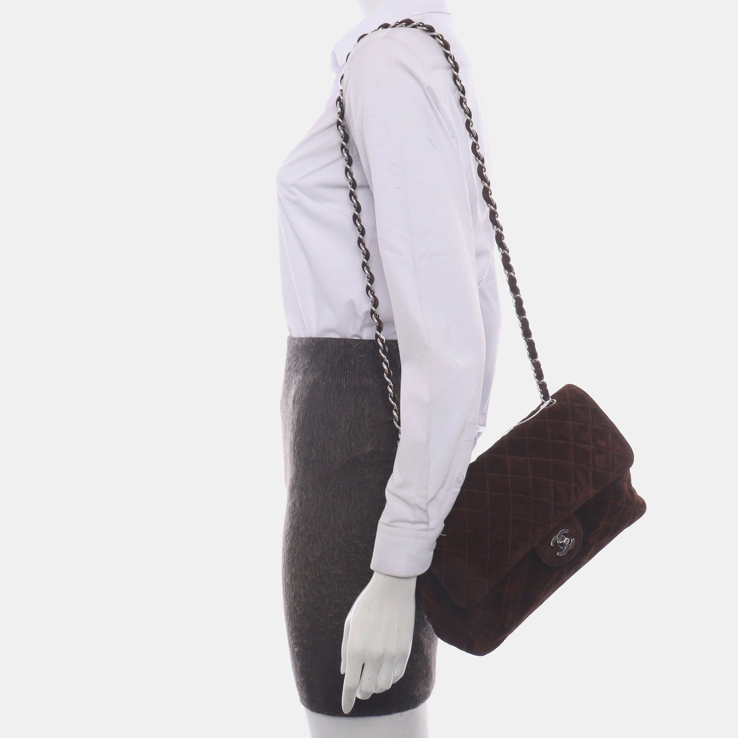 Chanel Classic Flap Dark Chocolate Suede HW Brown Silver Leather Handbag