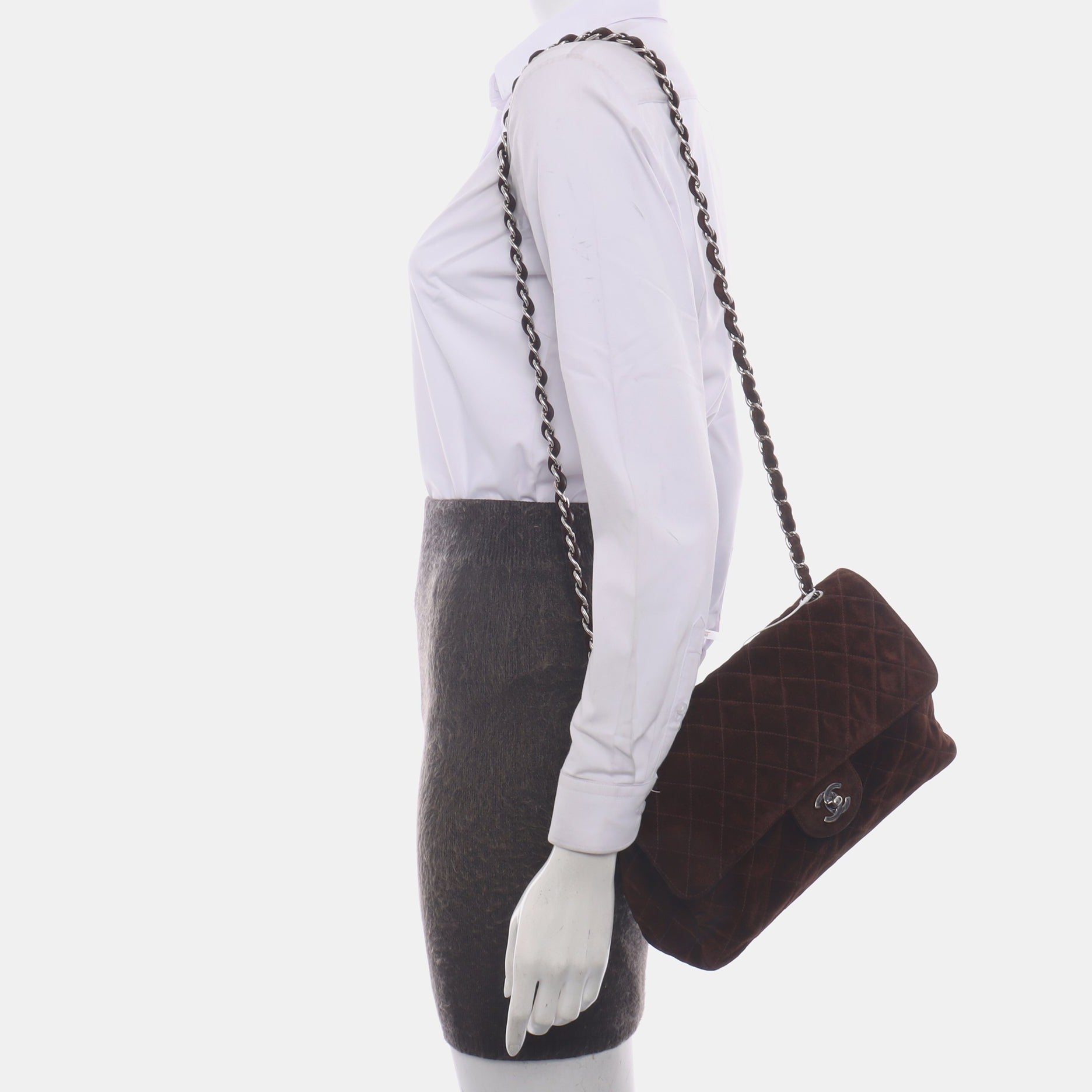 Chanel Classic Flap Dark Chocolate Suede HW Brown Silver Leather Handbag