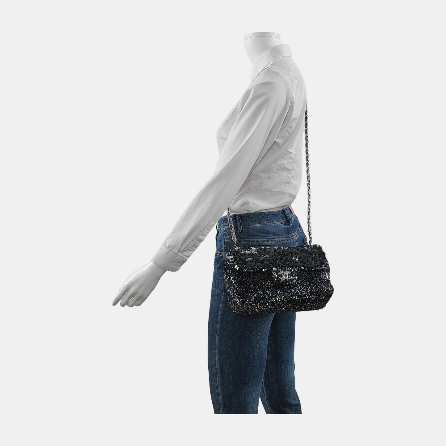 Chanel Paillette Flap Rectangular Glitter Sequins Navy Silver Shoulder Bag