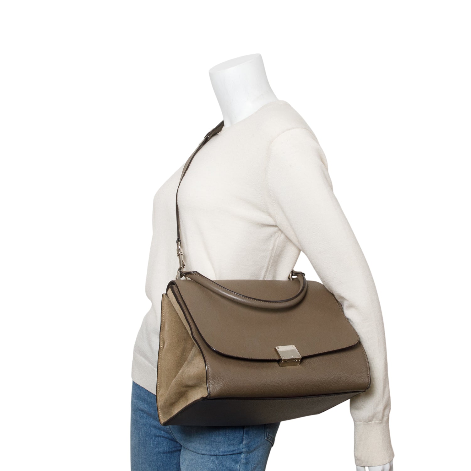 Celine Taupe Calfskin Trim Trapeze Bag Leather Suede Travel Bag