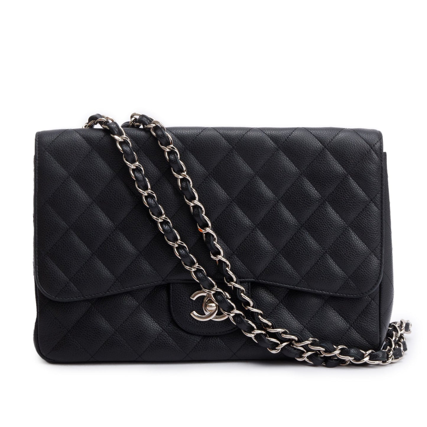 Chanel Caviar Classic Jumbo Single Flap Black Travel Bag W Box