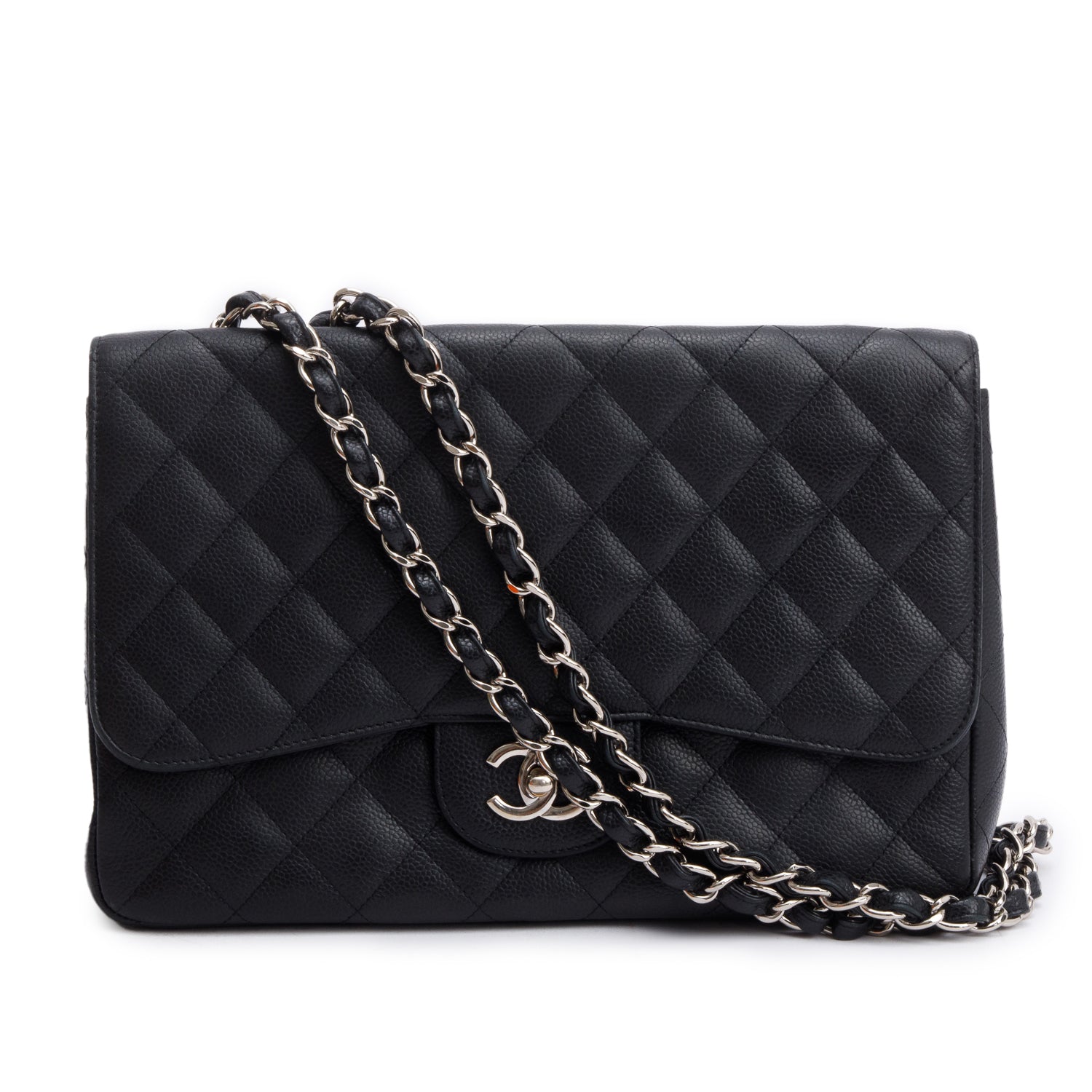 Chanel Caviar Classic Jumbo Single Flap Black Travel Bag W Box