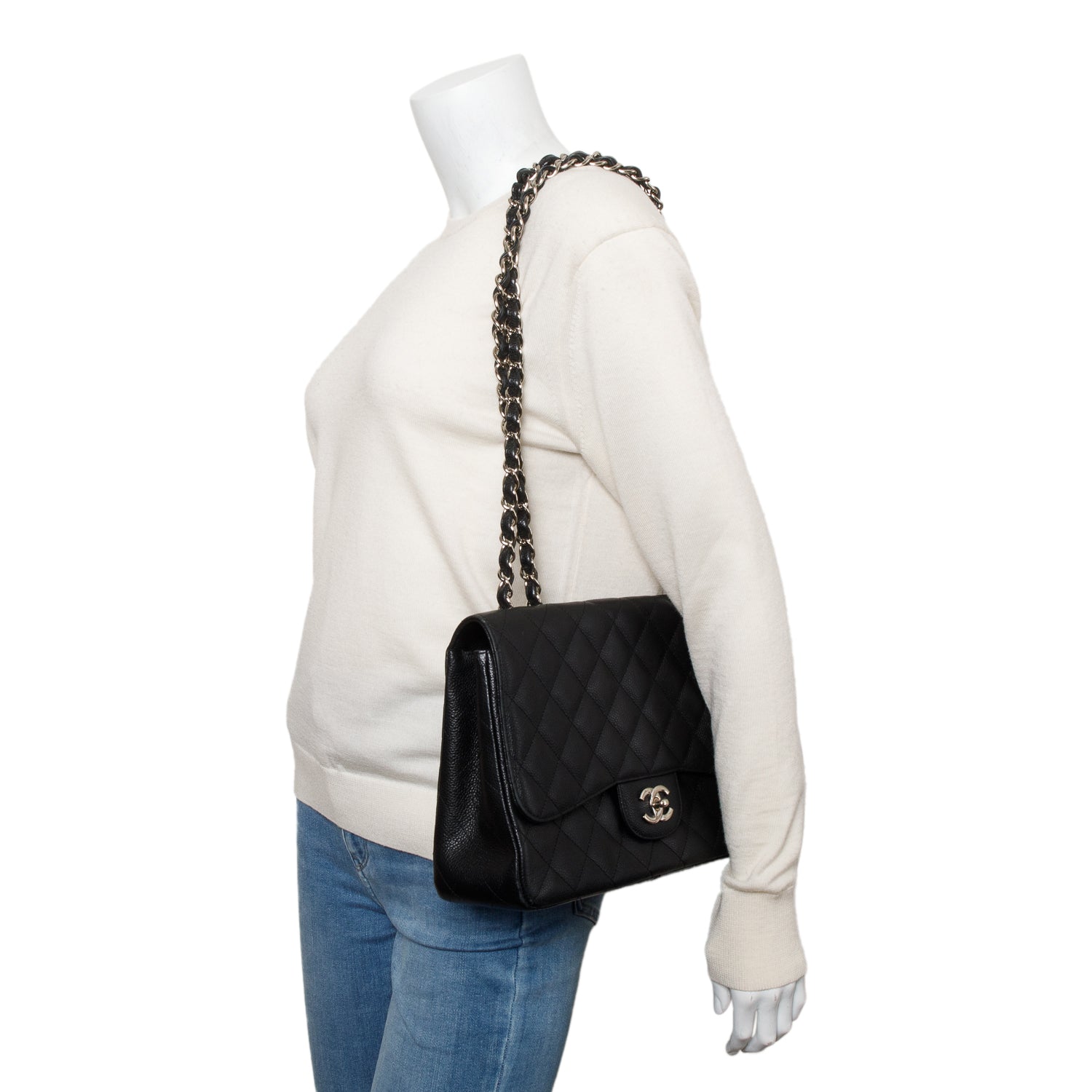 Chanel Caviar Classic Jumbo Single Flap Black Travel Bag W Box