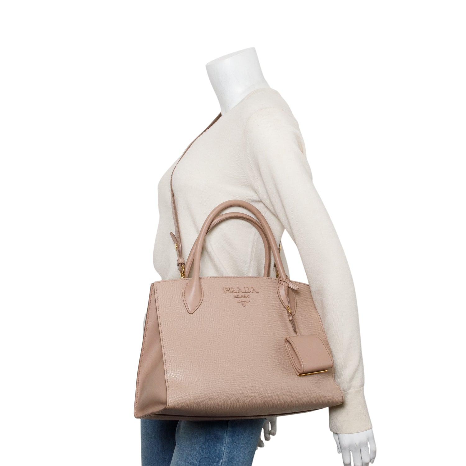 Prada Saffiano Cuir Monochrome Top Handle Tote Handbag Beige Medium Tote Bag