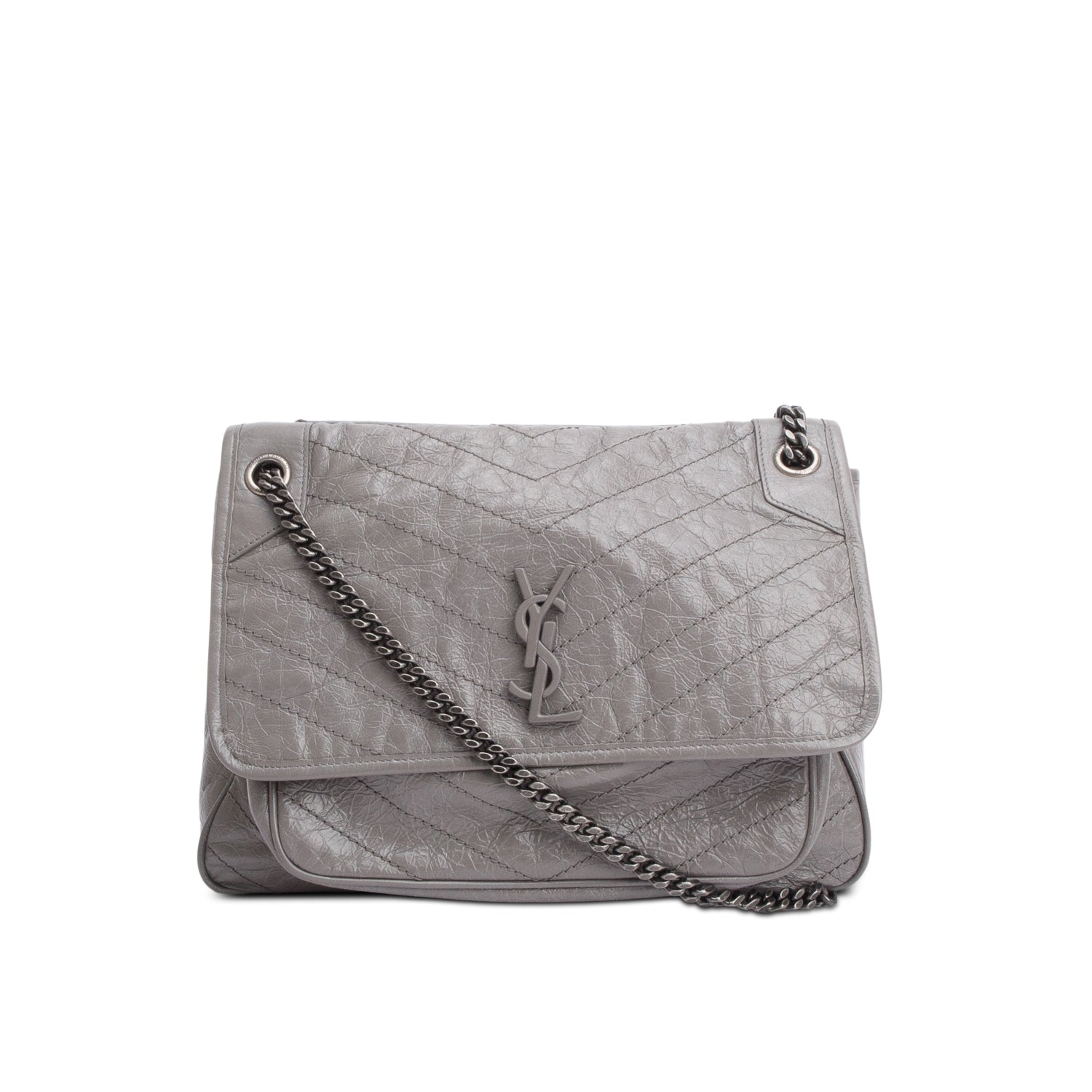 YSL Saint Laurent Grey Crinkled Calfskin Niki Shoulder Bag Leather Large